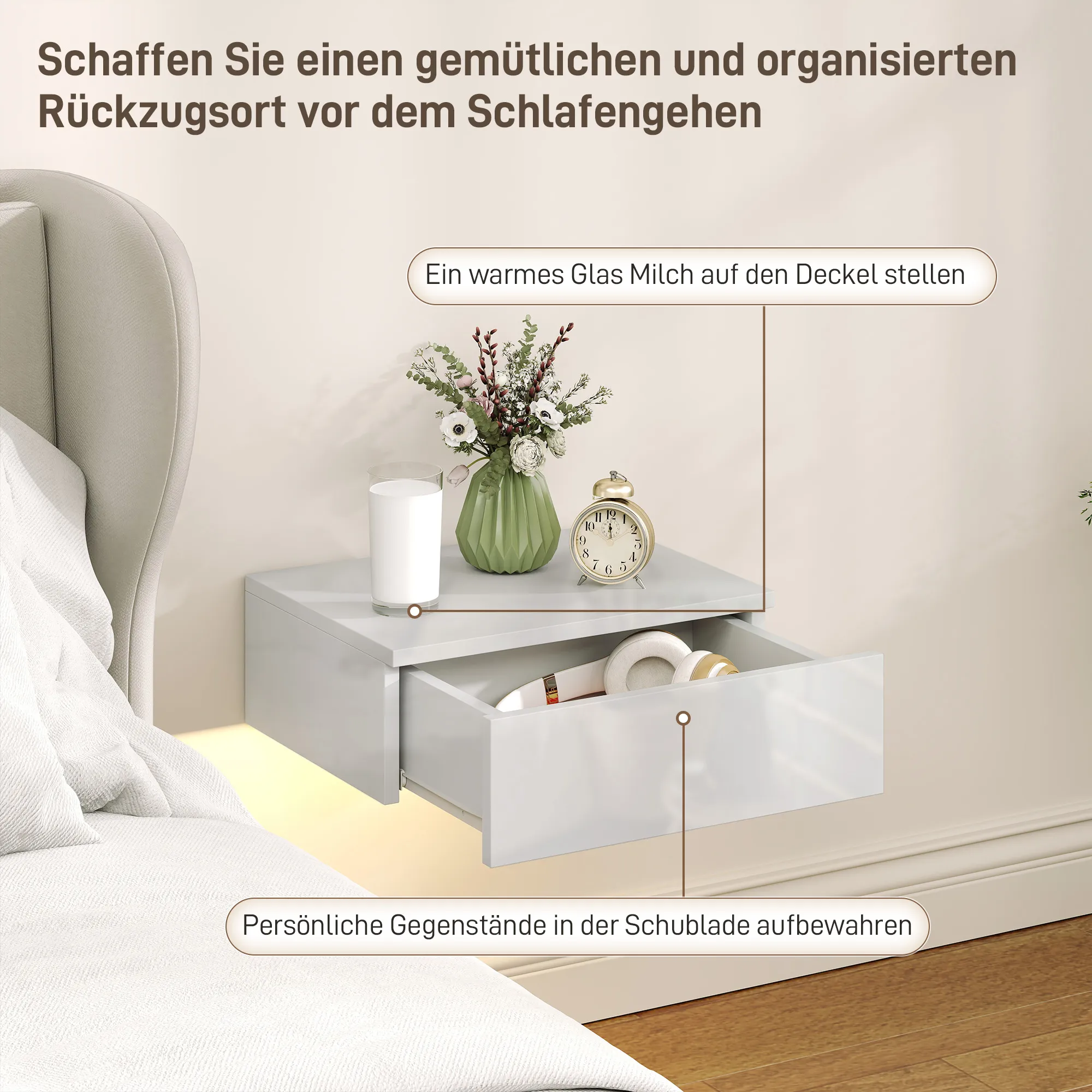 TRUUSK Nachtkastjes Set – Wandmontage – Met Lade – Voor Slaapkamer – Spaanplaat – Wit - Afbeelding 5