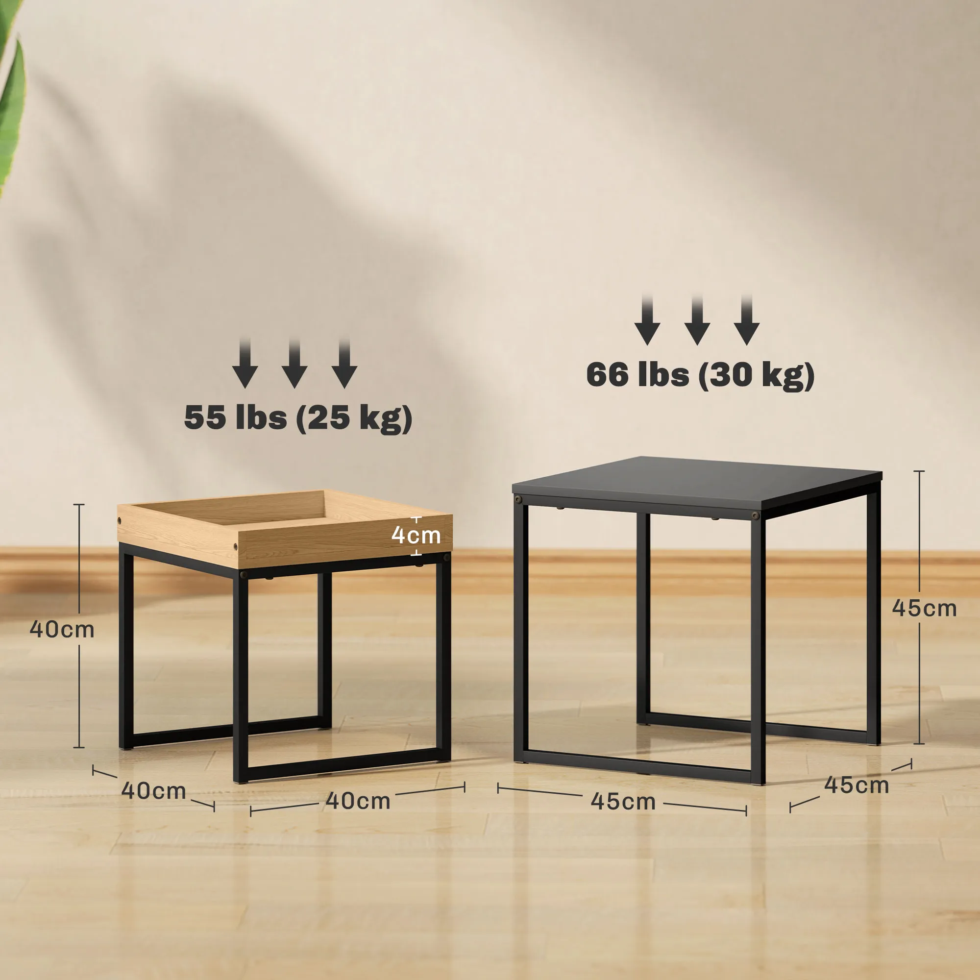 TRUUSK Salontafel en Bijzettafel Set – Modern Design – Stalen Frame – Voor Woonkamer – Tot 30 kg – Zwart+Eik - Afbeelding 4
