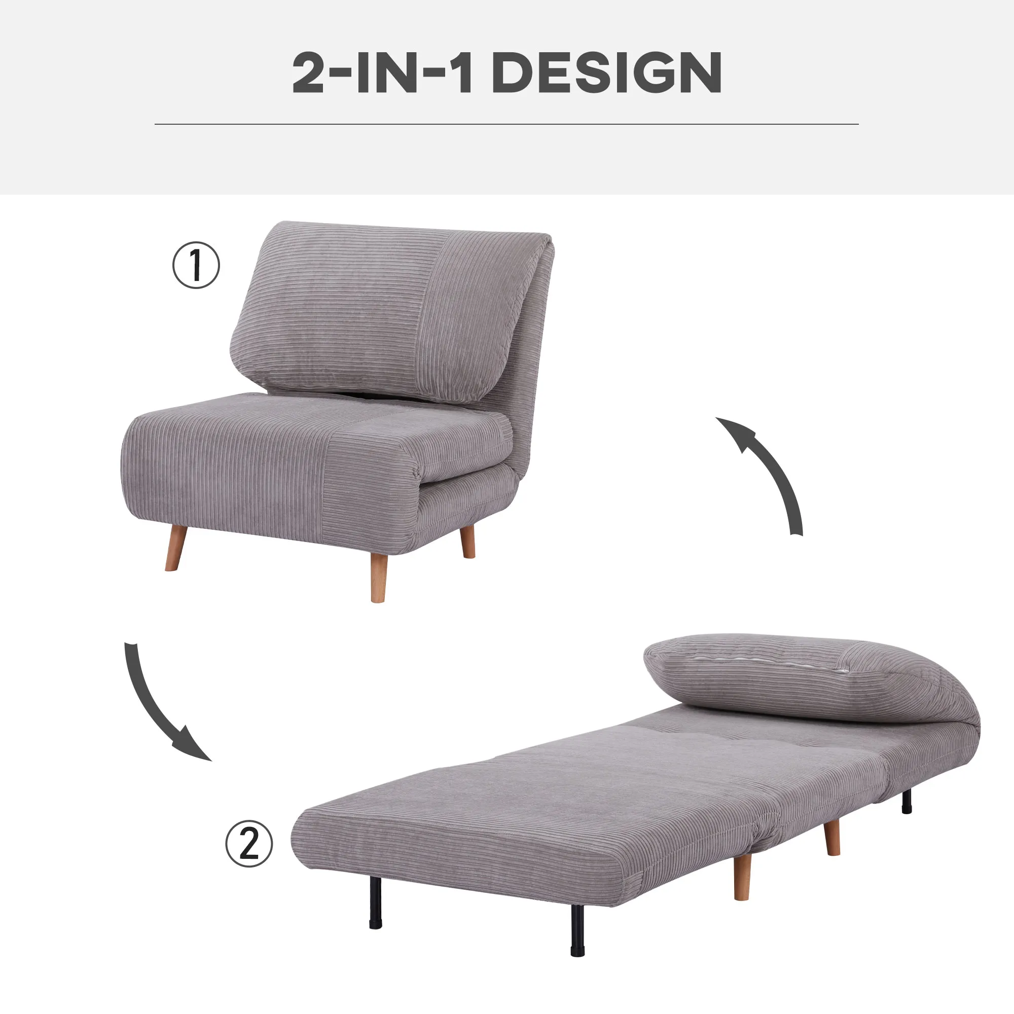 TRUUSK 2-in-1 Slaapbank en Logeerbed – Verstelbare Vouwmatras – Corduroy-look – Voor Slaapkamer en Woonkamer – Lichtgrijs - Afbeelding 5