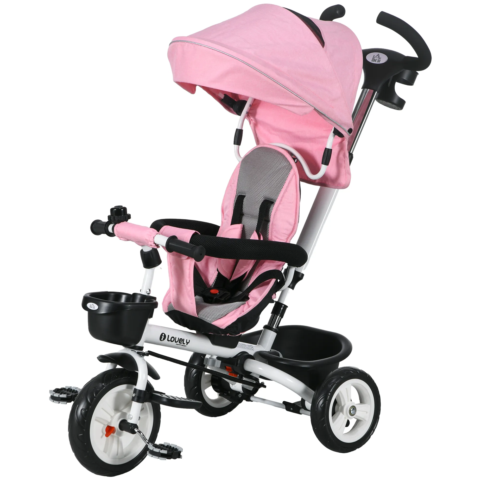 TRUUSK 2-in-1 Driewieler Kinderdriewieler – Duwstang – Veiligheidsgordel – Opvouwbaar – Zonnedak – Mand – Pedalen – Roze – 1-5 - Afbeelding 2