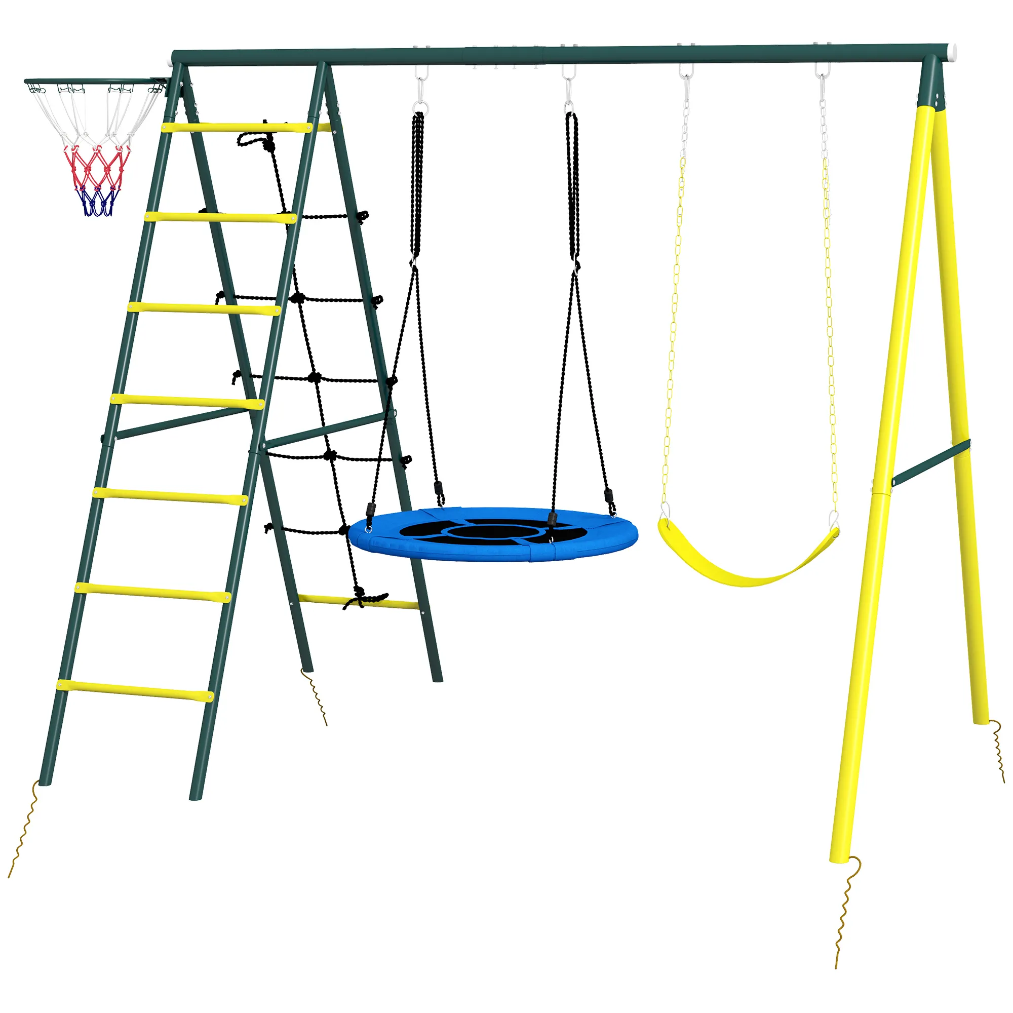 TRUUSK 4-in-1 Schommelset – Schommel Steiger – Kinderschommel – Dubbele Schommel – Basketbalring – Klimladder – Staal – Geel