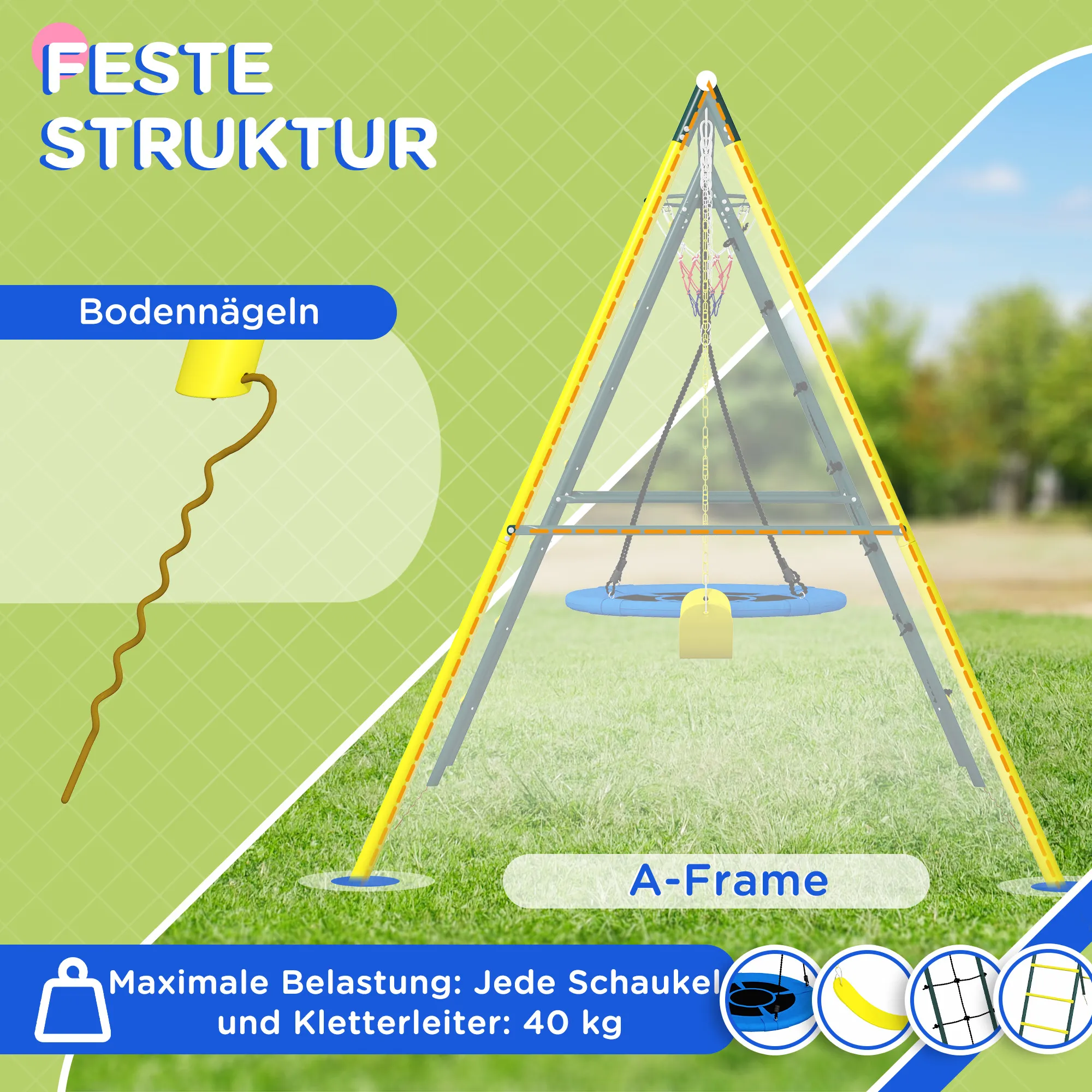 TRUUSK 4-in-1 Schommelset – Schommel Steiger – Kinderschommel – Dubbele Schommel – Basketbalring – Klimladder – Staal – Geel - Afbeelding 5