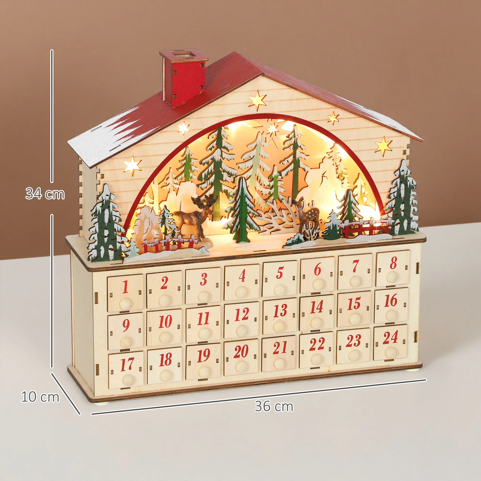 Adventskalender Om Te Vullen 24 Laden Vakken Kerstkalender Met LED-lichten Natuurhout 36 X 10 X 34 Cm - Afbeelding 4