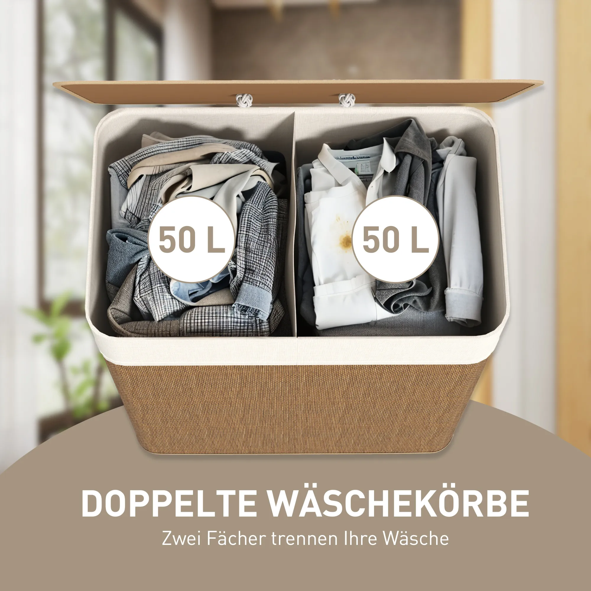 TRUUSK Bamboe Wasmand 100 L Met Deksel – Touwhandvatten – Uitneembare Waszak – Voor Wasruimte Slaapkamer Badkamer – Bruin - Afbeelding 5
