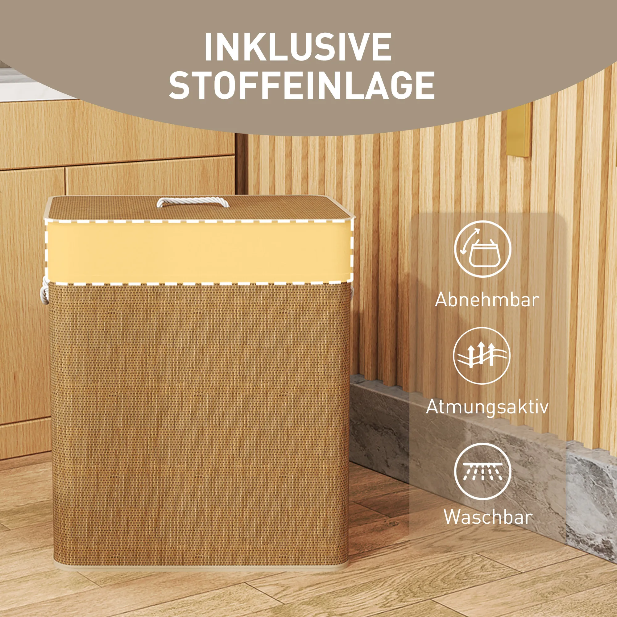 TRUUSK Bamboe Wasmand 100 L Met Deksel – Touwhandvatten – Uitneembare Waszak – Voor Wasruimte Slaapkamer Badkamer – Bruin - Afbeelding 8