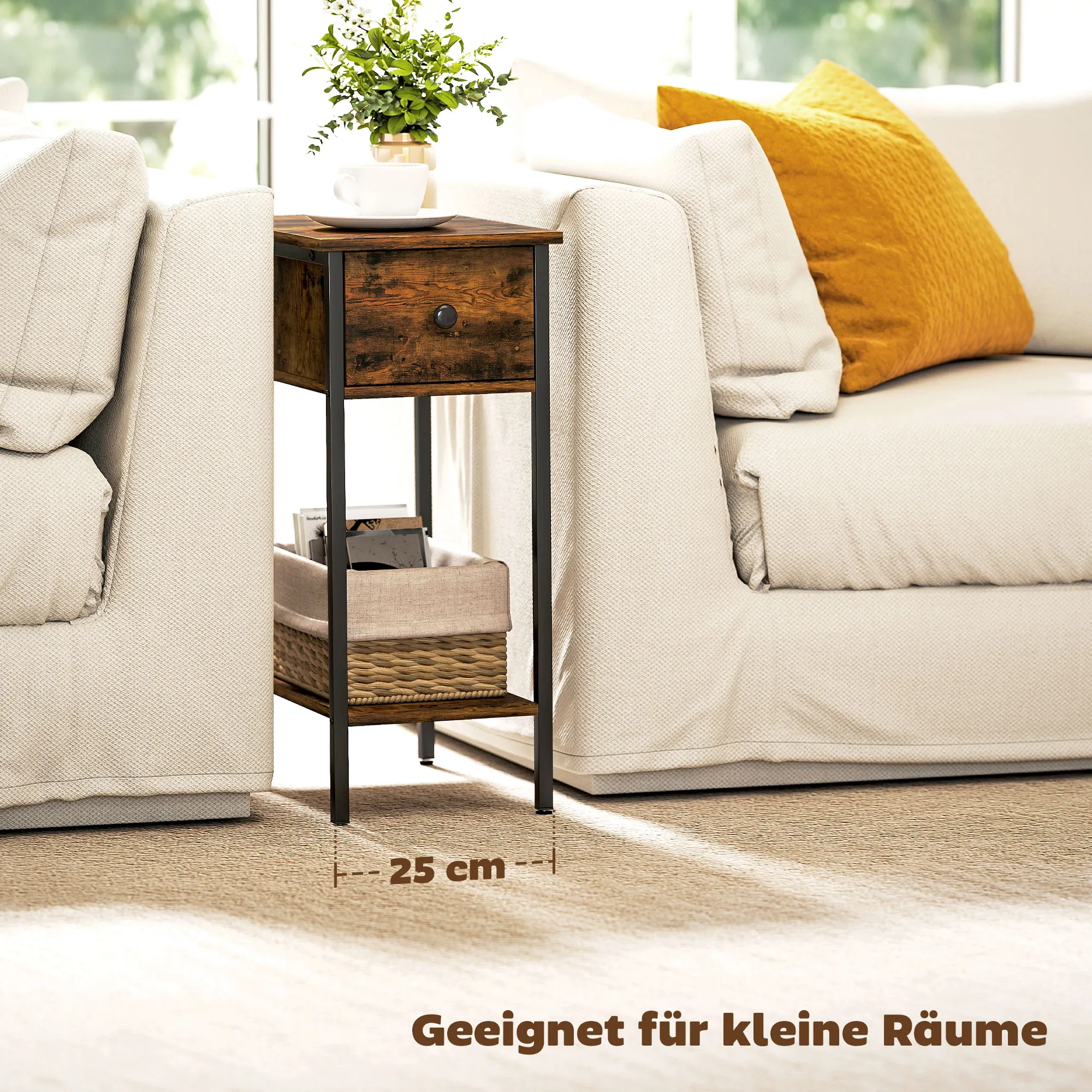 TRUUSK Bijzettafel Met Lade en Open Vak – Nachtkastje – Metalen Poten – Hout – Bruin - Afbeelding 6