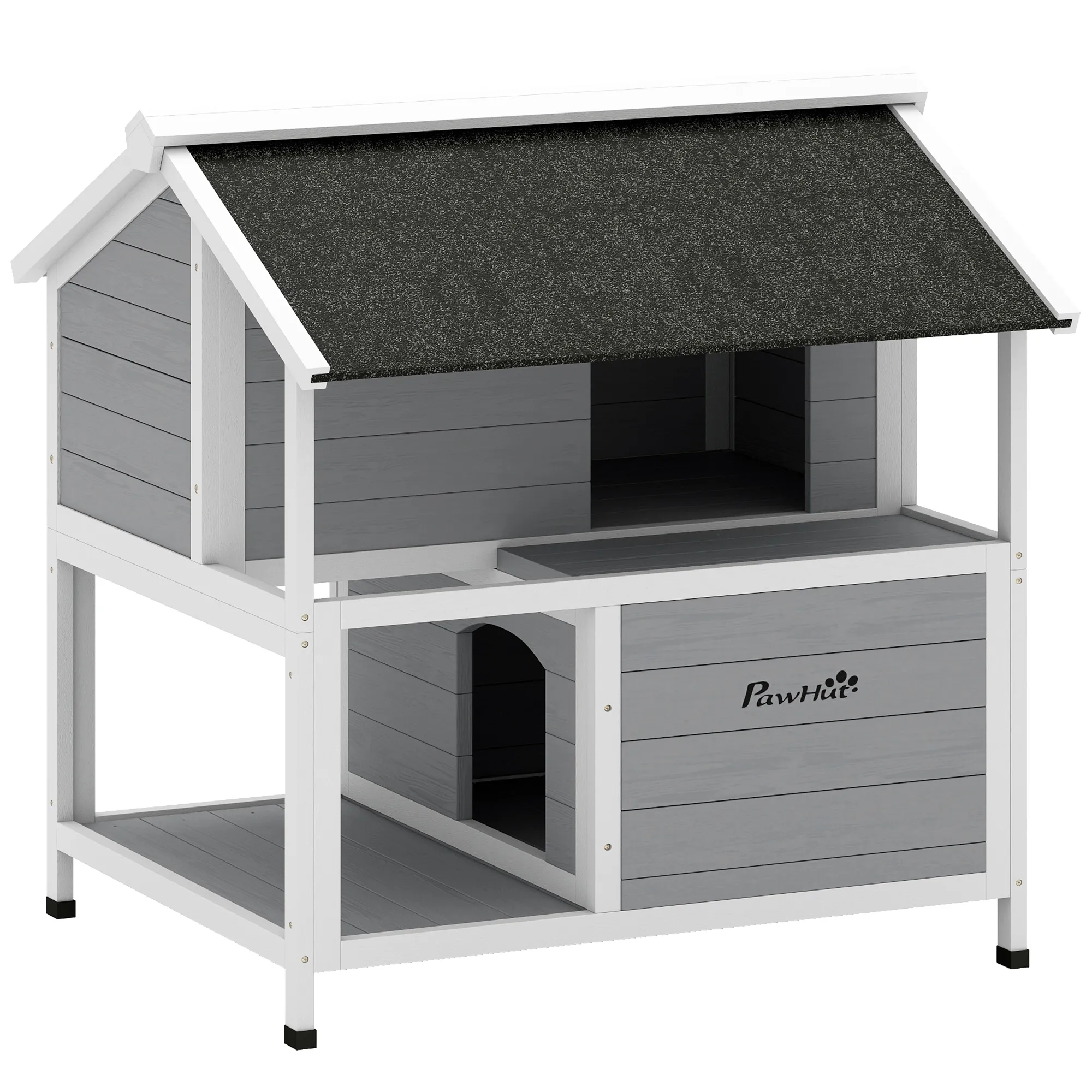 TRUUSK Buitenkattenhuis – Kattenopvang voor buiten – Waterdicht – Opklapbaar dak – Sparrenhout – 80 x 93 x 95 cm – Grijs - Afbeelding 2