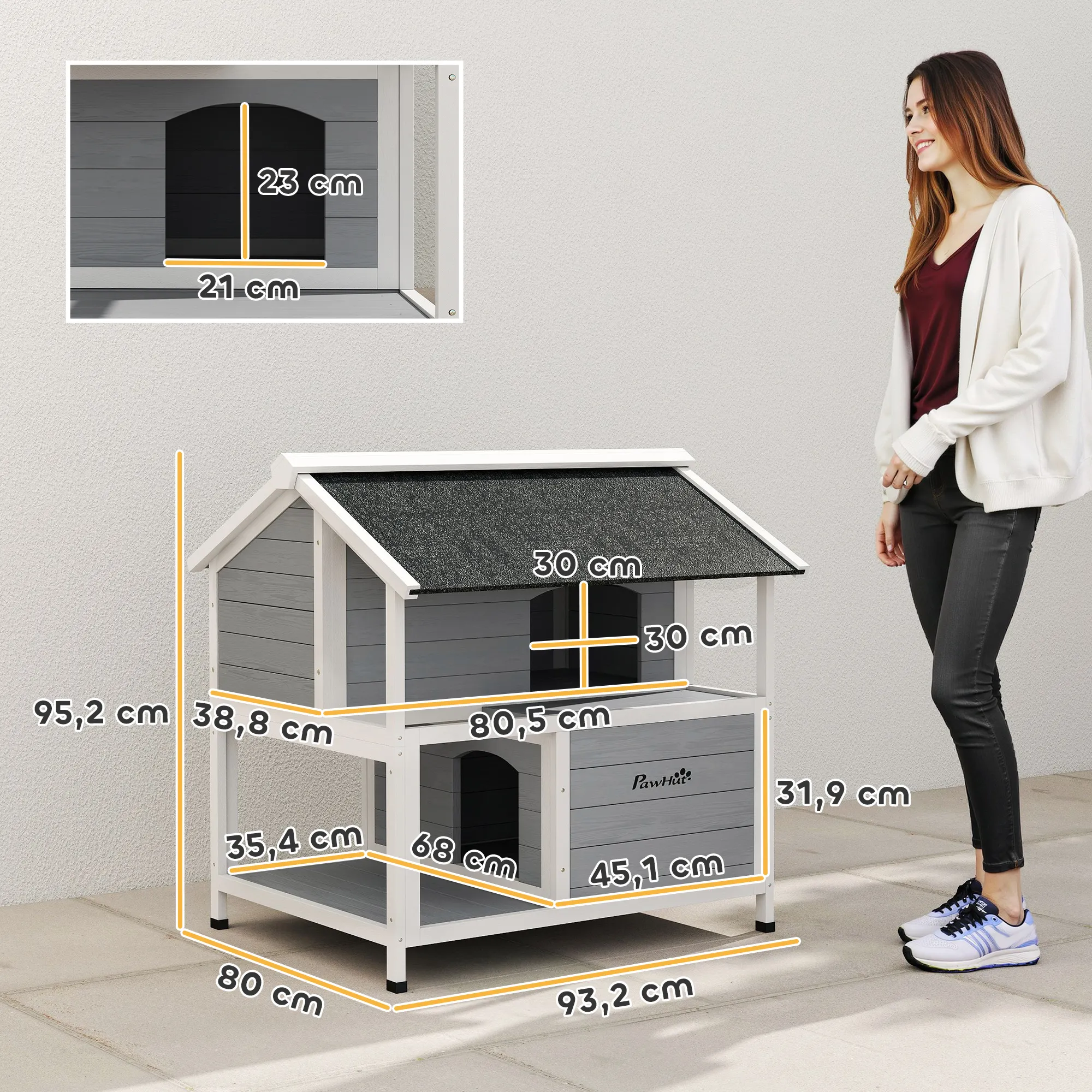 TRUUSK Buitenkattenhuis – Kattenopvang voor buiten – Waterdicht – Opklapbaar dak – Sparrenhout – 80 x 93 x 95 cm – Grijs - Afbeelding 4