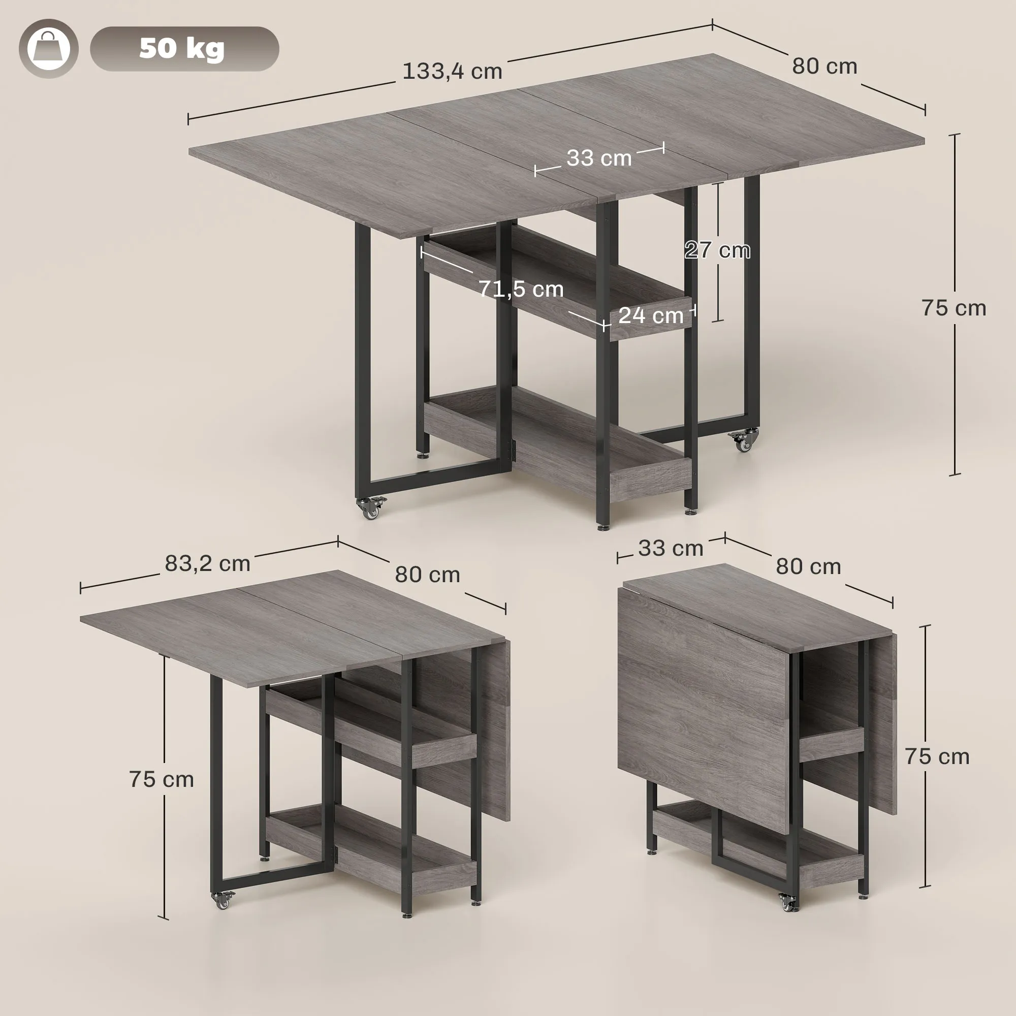 TRUUSK Opvouwbare Eettafel Grijs – Voor 2-4 Personen – 2 Open Planken – Mobiel – Klaptafel voor Kleine Ruimtes – Eetkamer en - Afbeelding 4