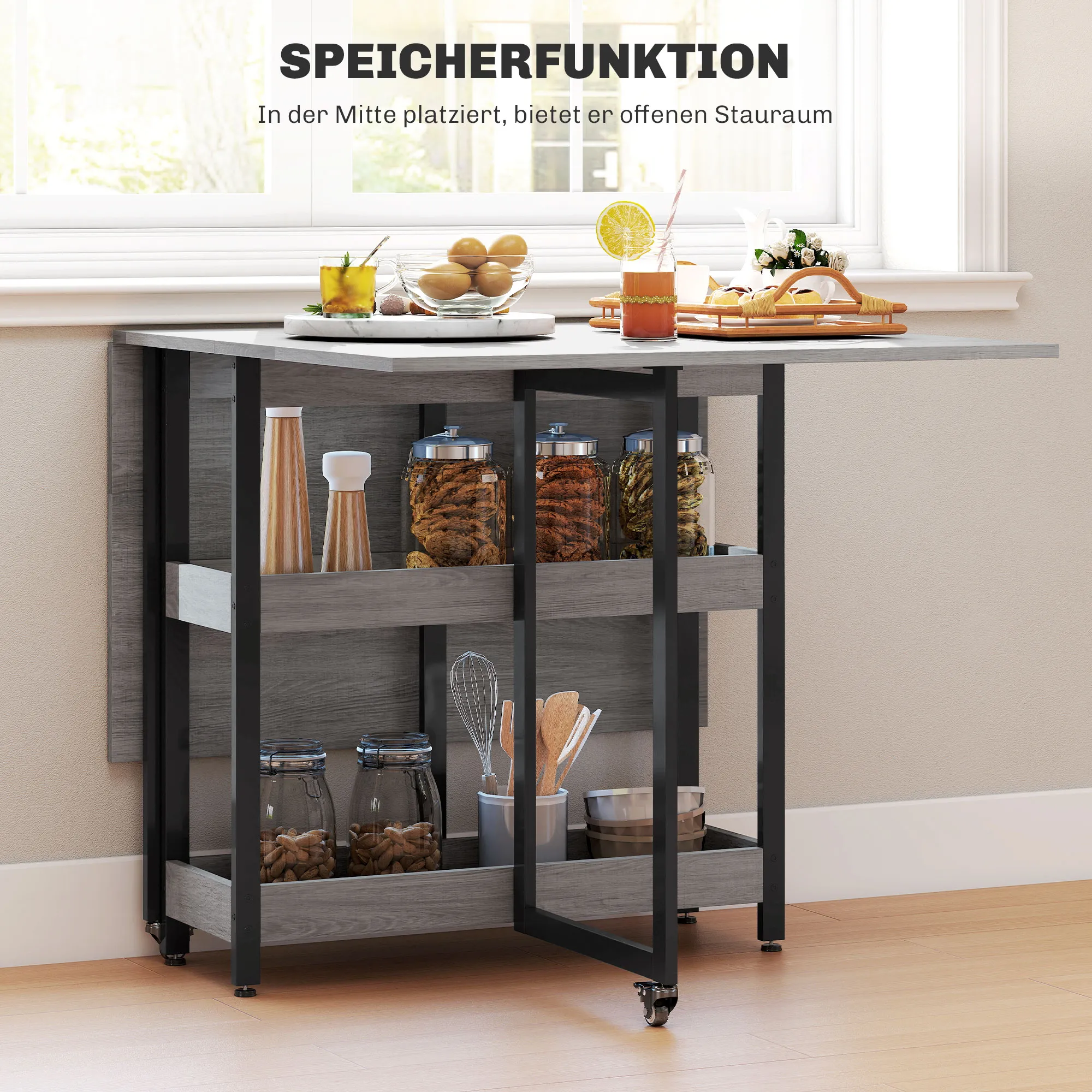 TRUUSK Opvouwbare Eettafel Grijs – Voor 2-4 Personen – 2 Open Planken – Mobiel – Klaptafel voor Kleine Ruimtes – Eetkamer en - Afbeelding 6