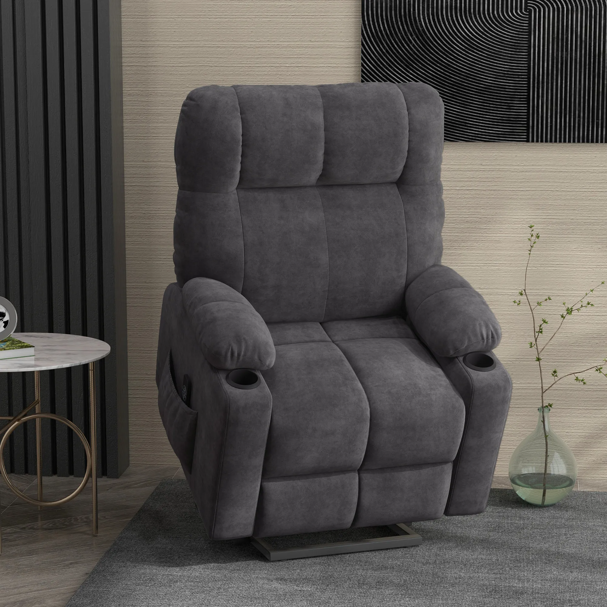 TRUUSK Elektrische Relaxstoel – Opsta-hulp – Massagefunctie – Verwarmingsfunctie – Flanel-look Donkergrijs - Afbeelding 3
