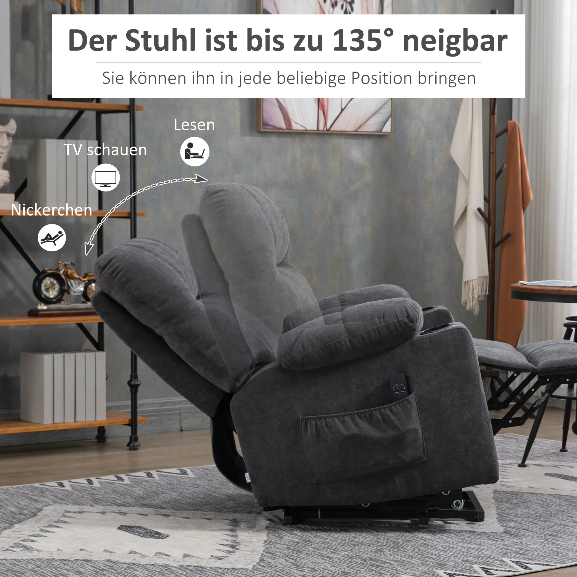 TRUUSK Elektrische Relaxstoel – Opsta-hulp – Massagefunctie – Verwarmingsfunctie – Flanel-look Donkergrijs - Afbeelding 6