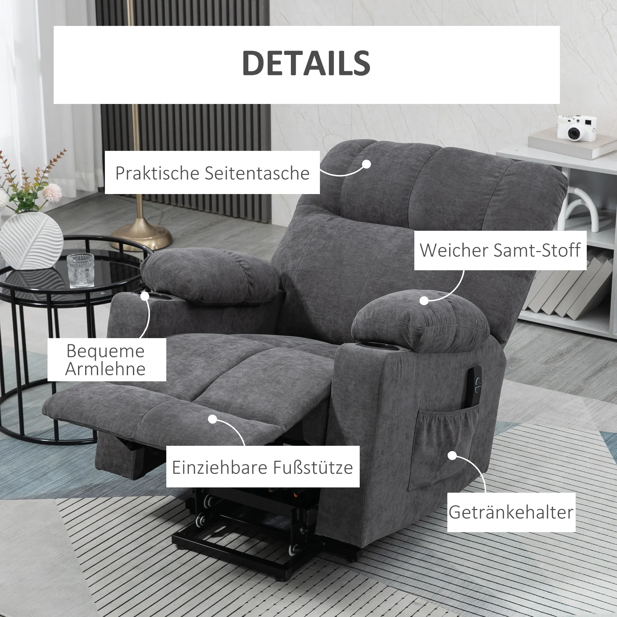 TRUUSK Elektrische Relaxstoel – Opsta-hulp – Massagefunctie – Verwarmingsfunctie – Flanel-look Donkergrijs - Afbeelding 8