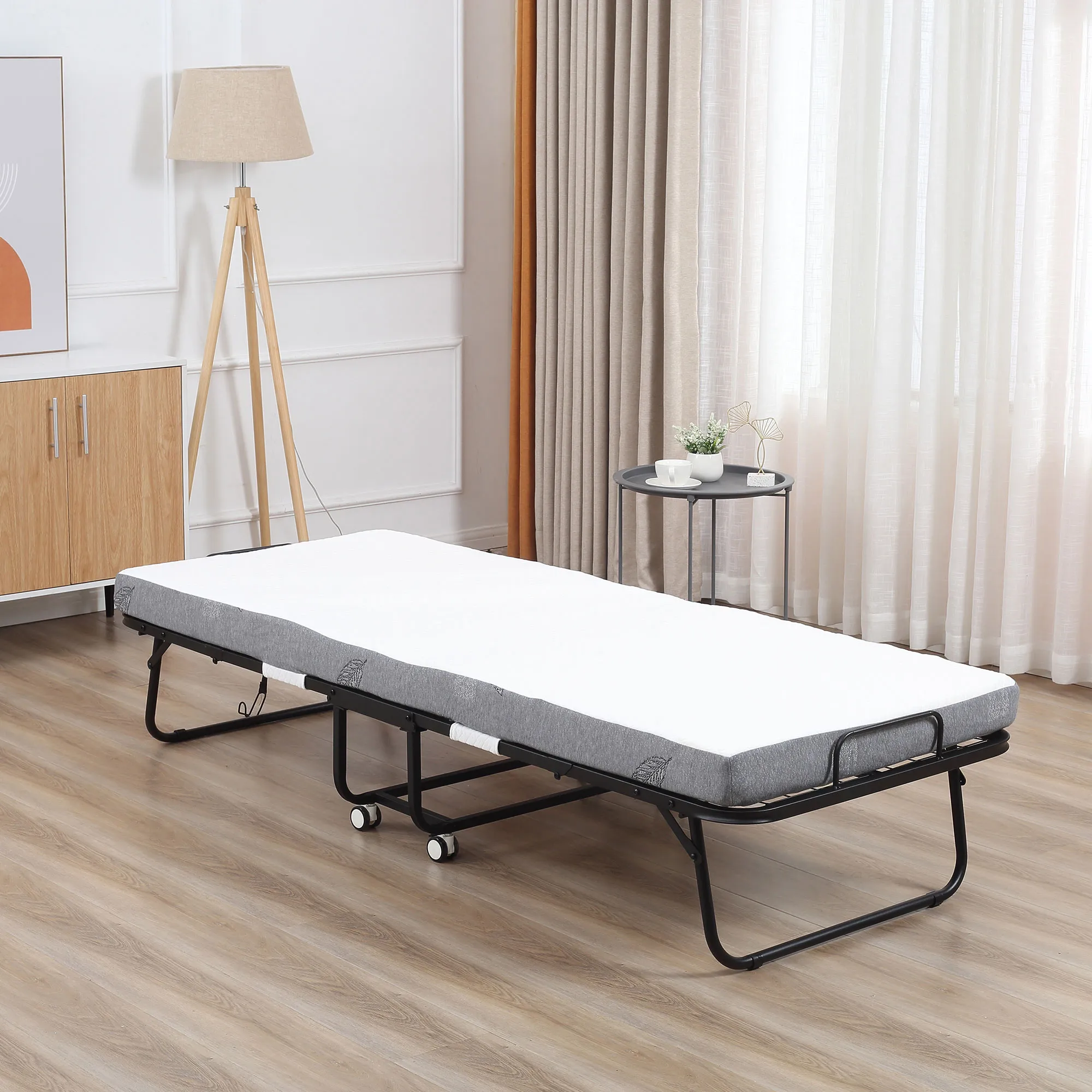 TRUUSK Gastenbed op Wielen – Staal en Schuimstof – Wit en Zwart – 200x75x42,5cm – Vouwbaar – Makkelijk op te Bergen - Afbeelding 3