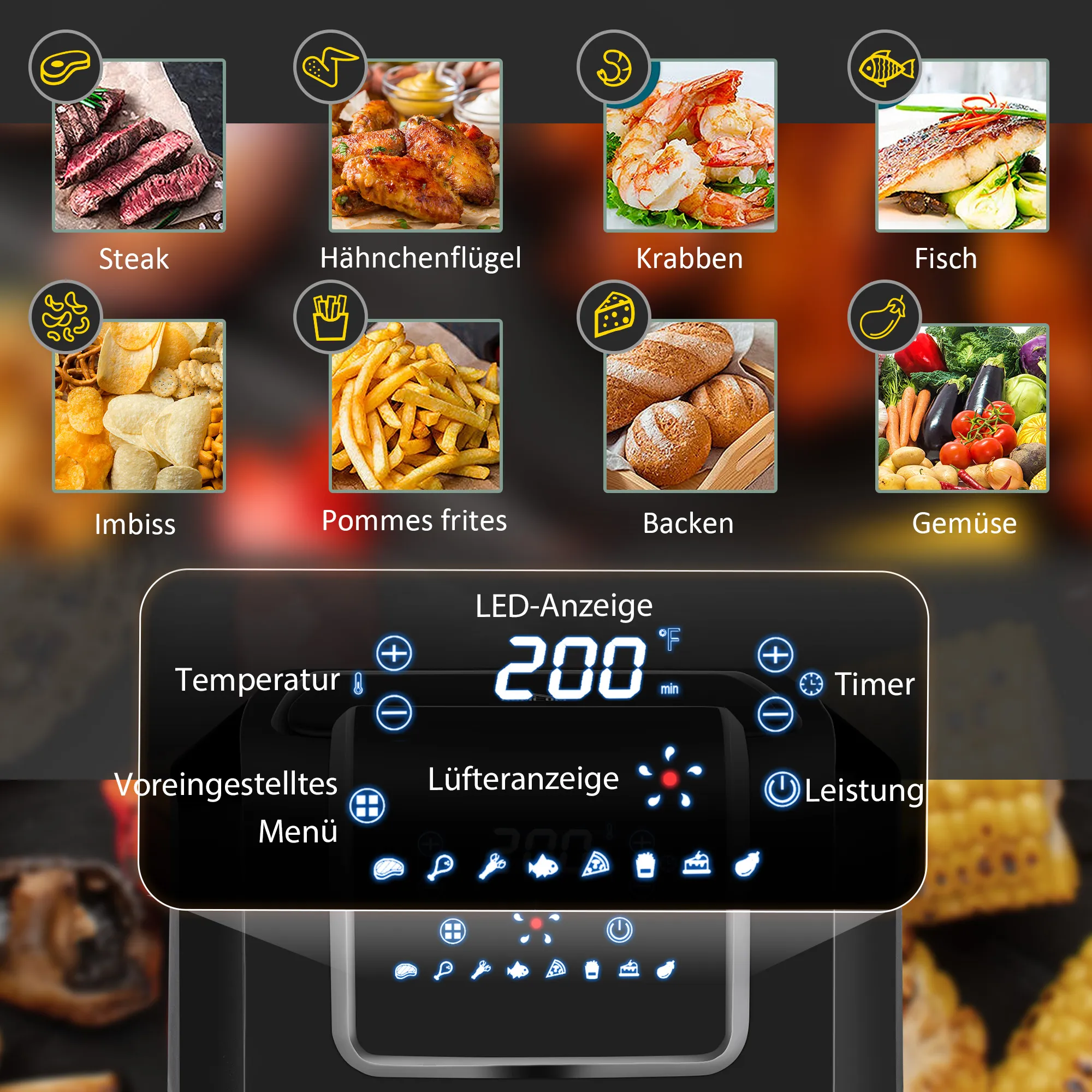 TRUUSK Heteluchtfriteuse 6,5 L 1700W – 8 Menu’s – LED-display – Anti-aanbaklaag – Voor Gezond Olievrij Koken – 36,5 x 29 x 33,8 cm - Afbeelding 9