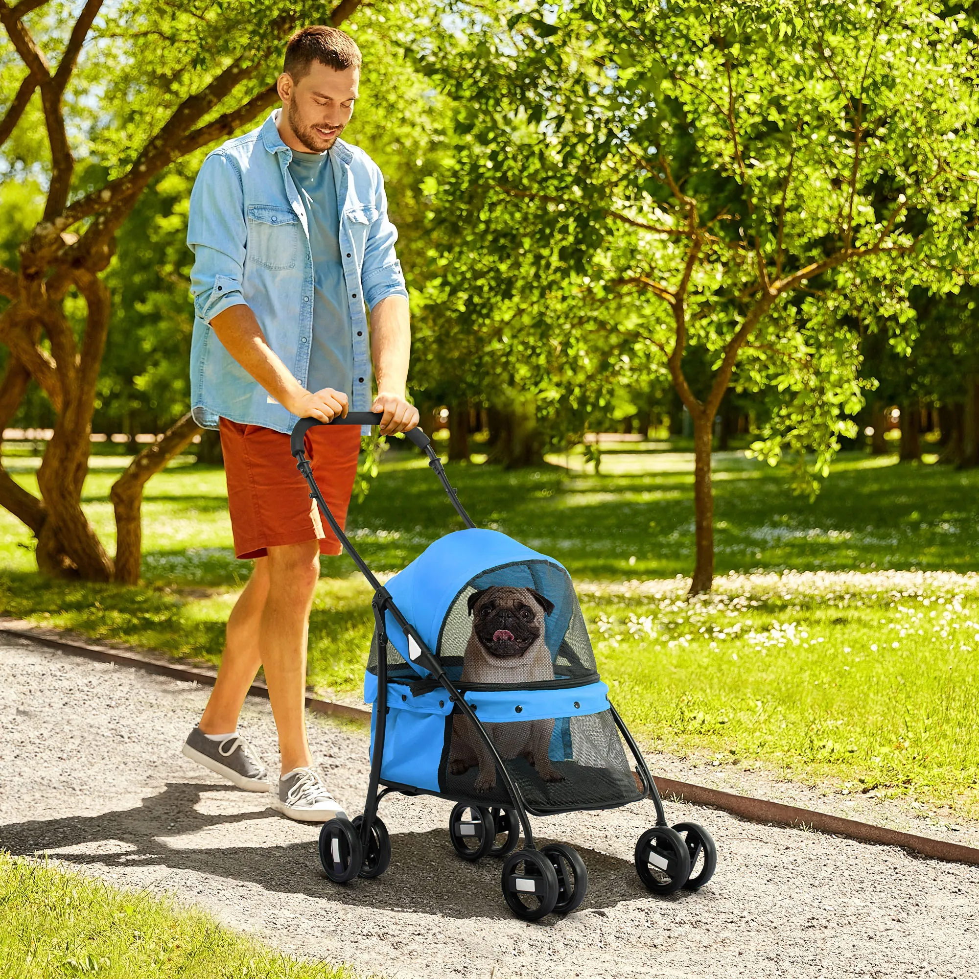 TRUUSK Opvouwbare Hondenbuggy – Gaasvenster – 2 Veiligheidslijnen – Oxford Materiaal – Voor Kleine Honden en Katten – Blauw - Afbeelding 3