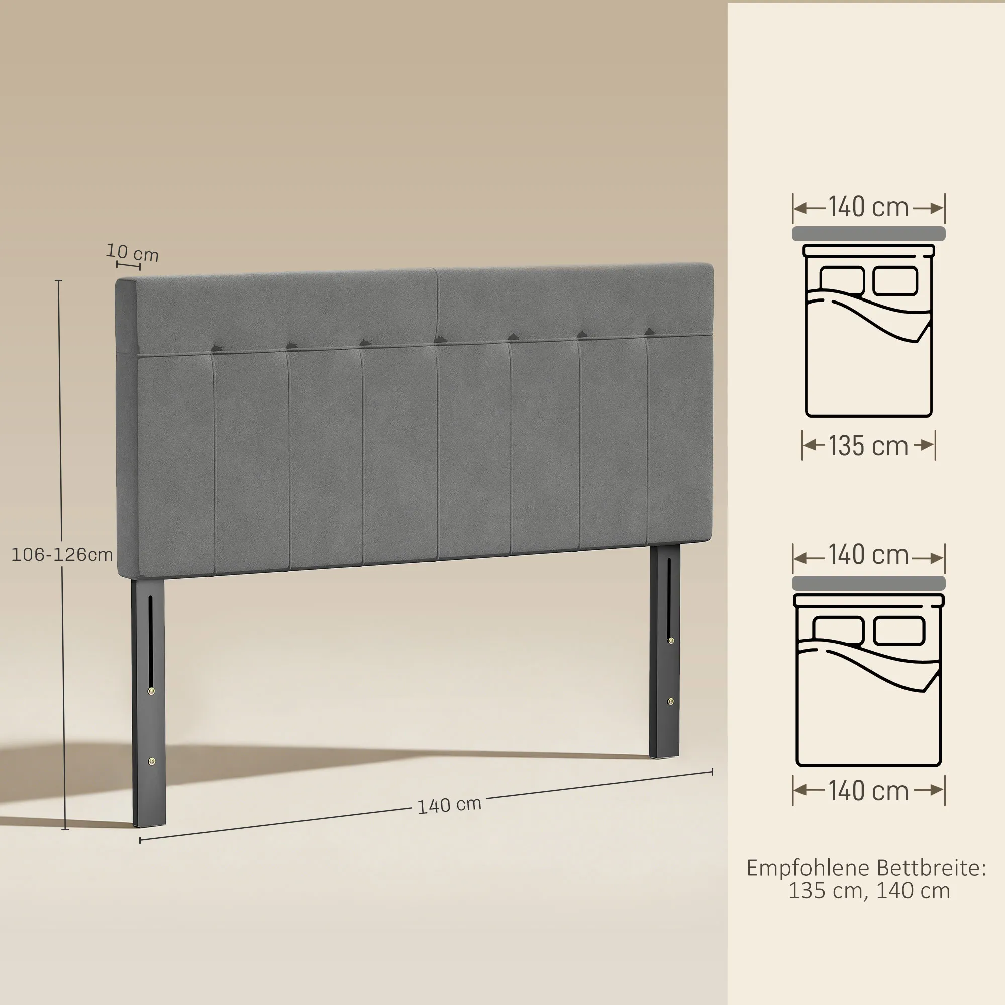 Hoofdeinde 3-voudig In Hoogte Verstelbaar Bedhoofdeinde Met Metalen Poten Fluweeloptiek Voor Slaapkamer 140x10x106/116/126 Cm Grijs - Afbeelding 4