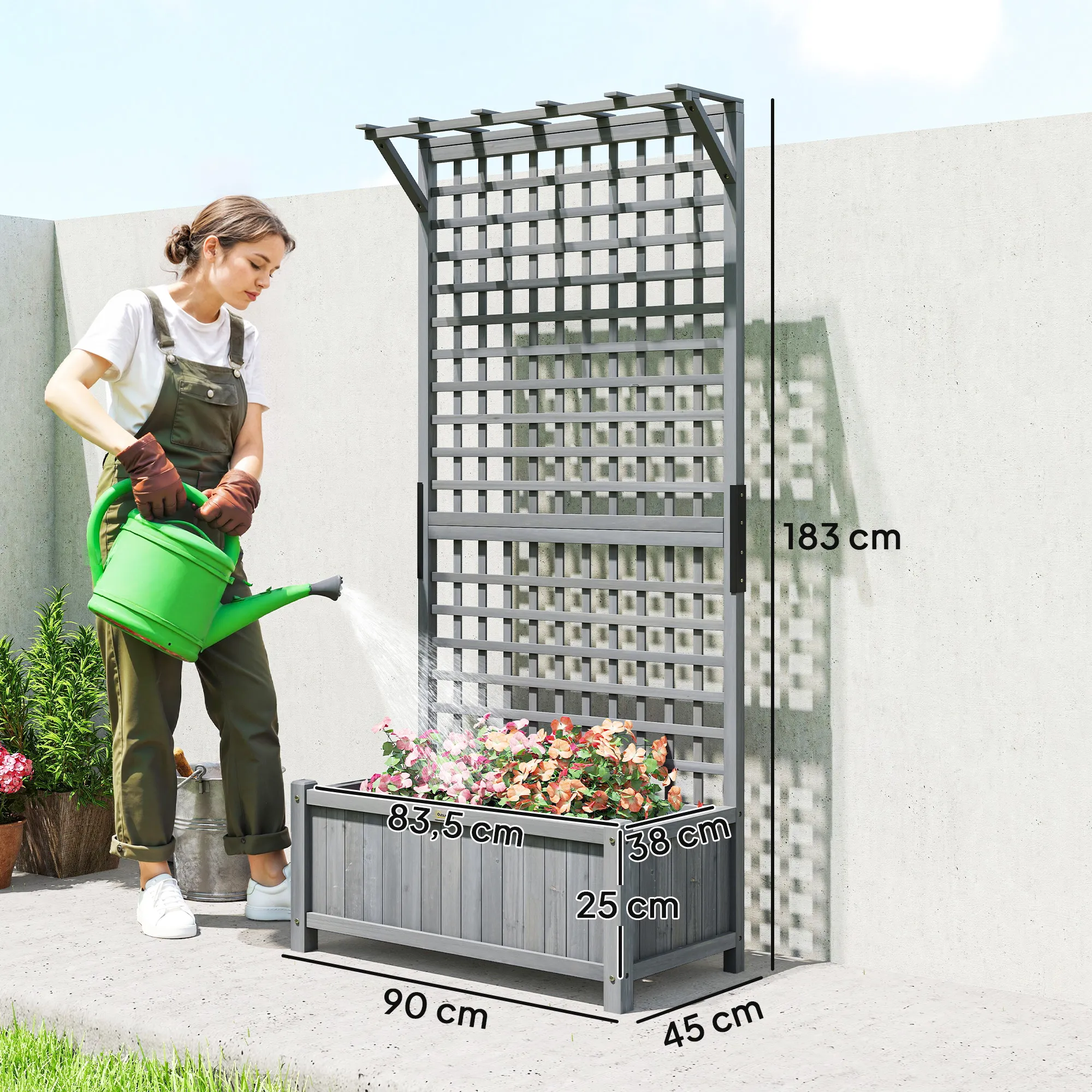 Hoogbed Met Trellis En Dak, Plantenbak, Bloembed, Weerbestendig, Hout, 90 X 45 X 183 Cm, Donkergrijs - Afbeelding 4