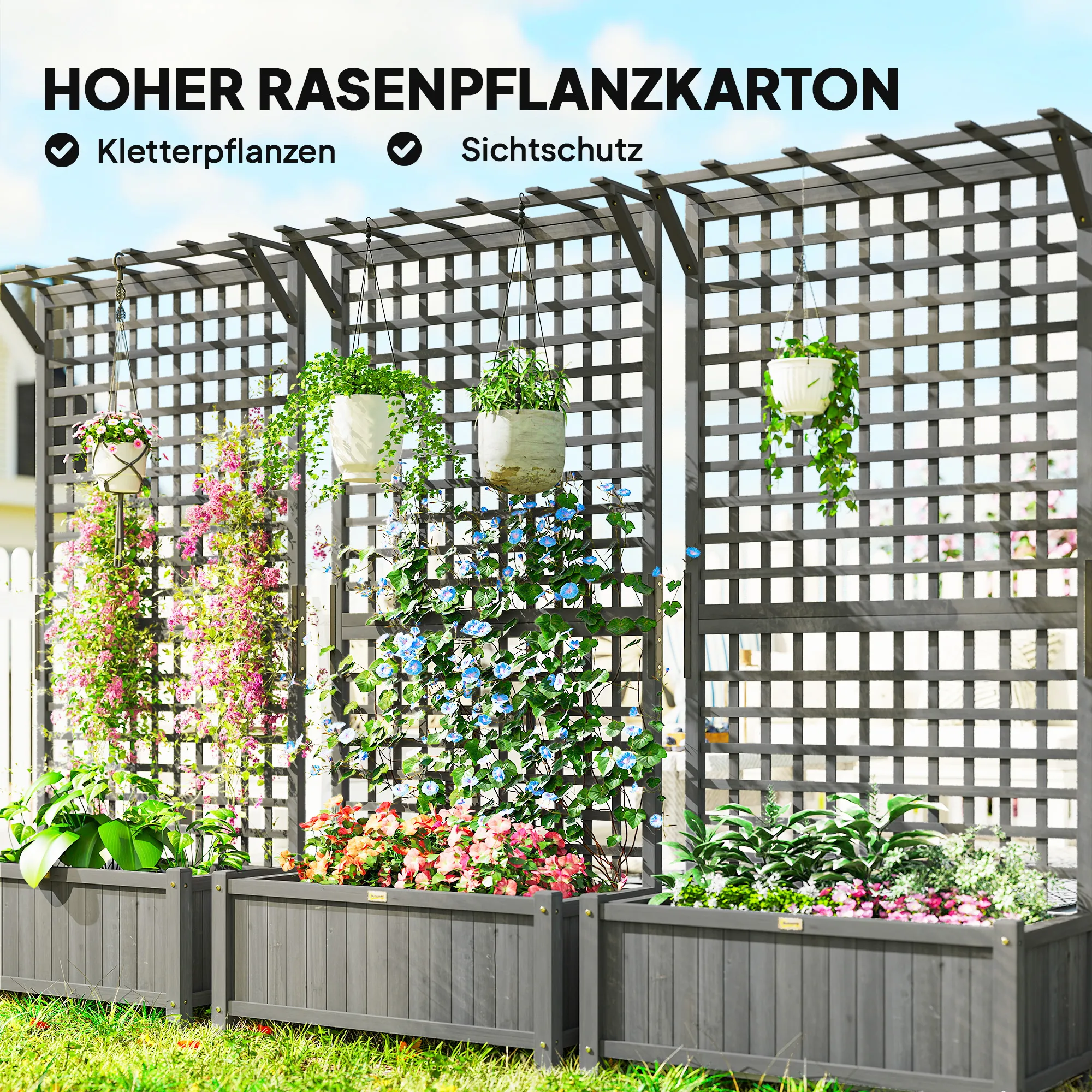 Hoogbed Met Trellis En Dak, Plantenbak, Bloembed, Weerbestendig, Hout, 90 X 45 X 183 Cm, Donkergrijs - Afbeelding 5