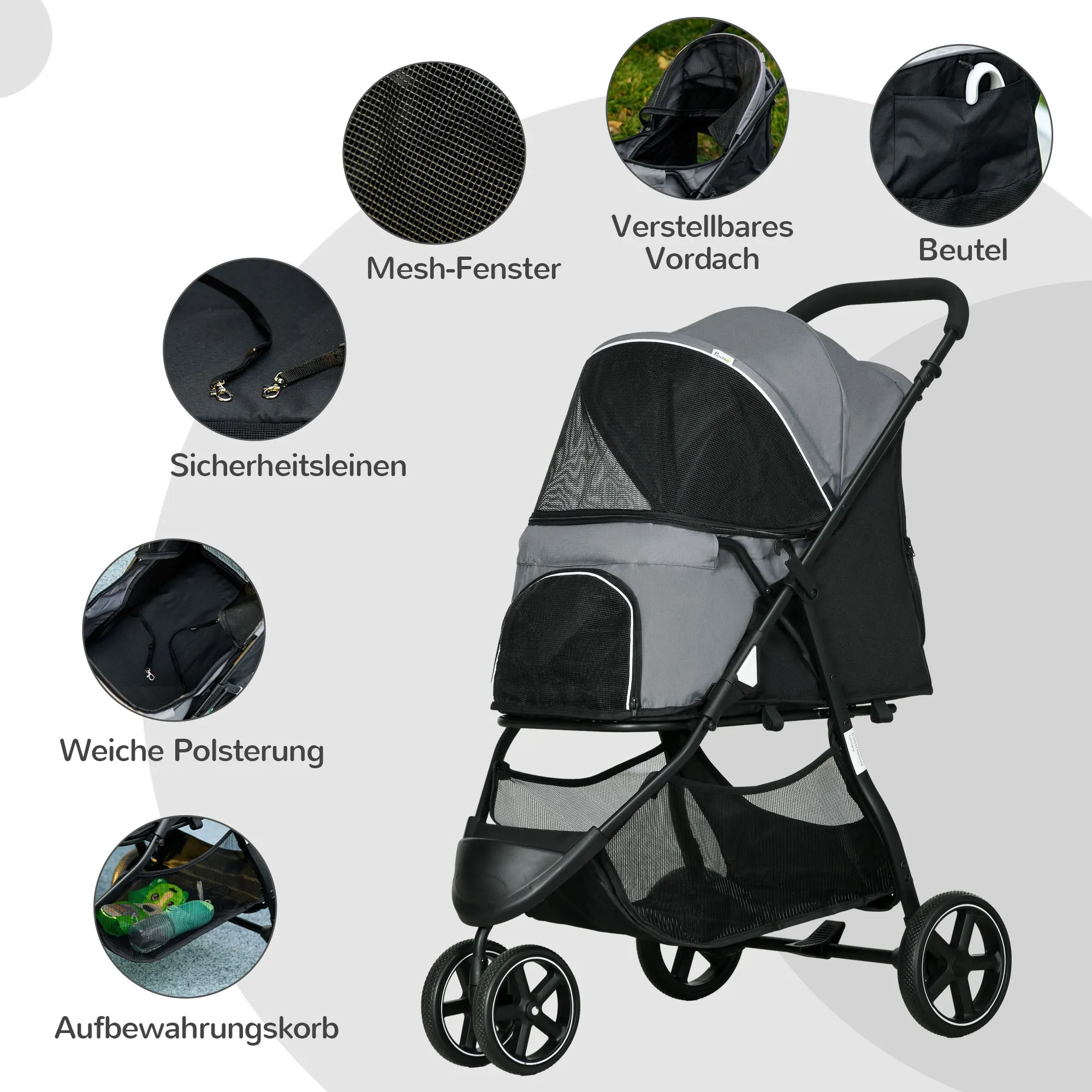 TRUUSK Huisdierbuggy – Inklapbaar – Regenhoes – Veiligheidslijnen – Opbergmand – Voor Kleine Honden – Oxford Grijs - Afbeelding 8