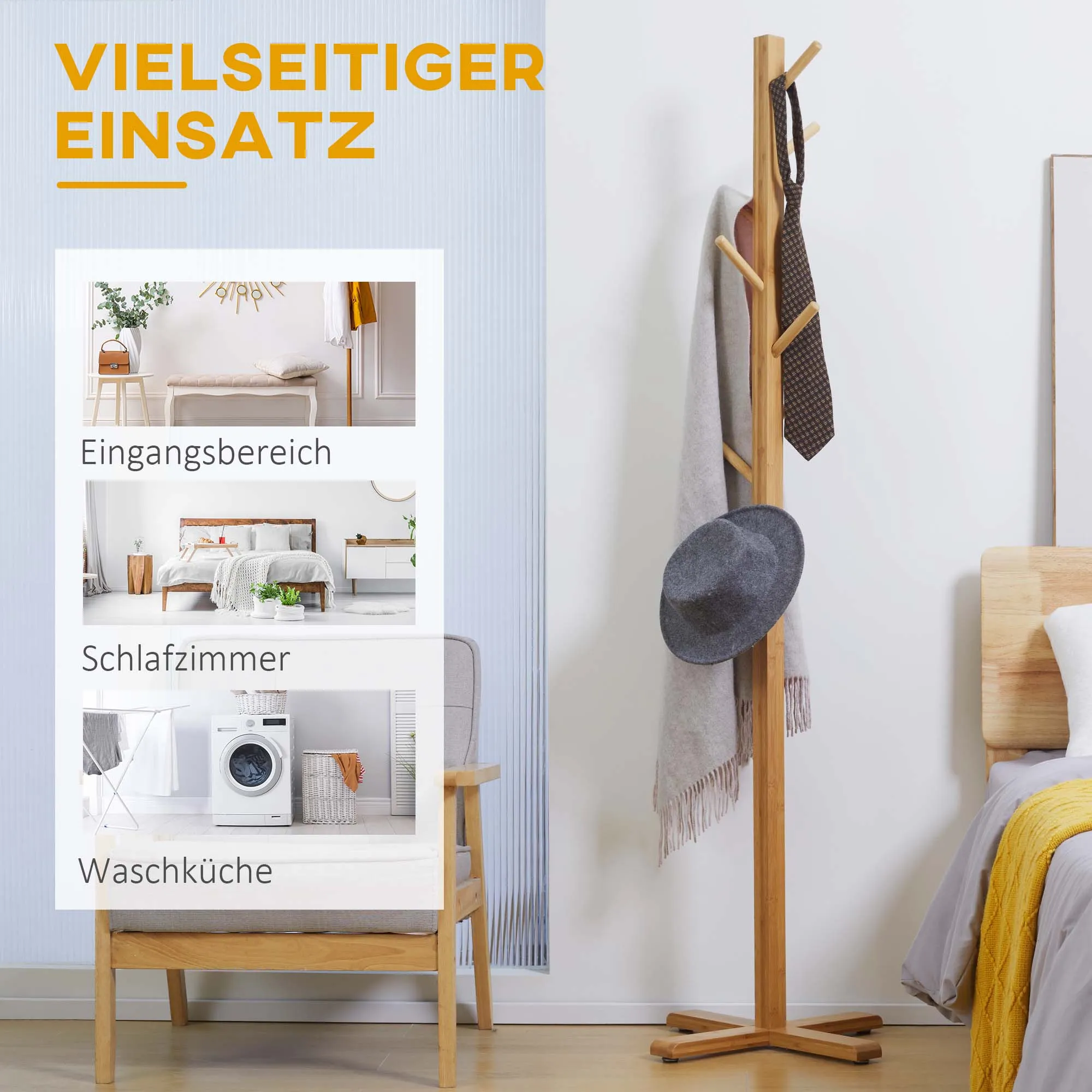 Kapstok Van Bamboe Met 8 Haken, Kledingrek Voor Hal & Slaapkamer, 49,5×49,5x178cm, Stijlvol & Functioneel - Afbeelding 7