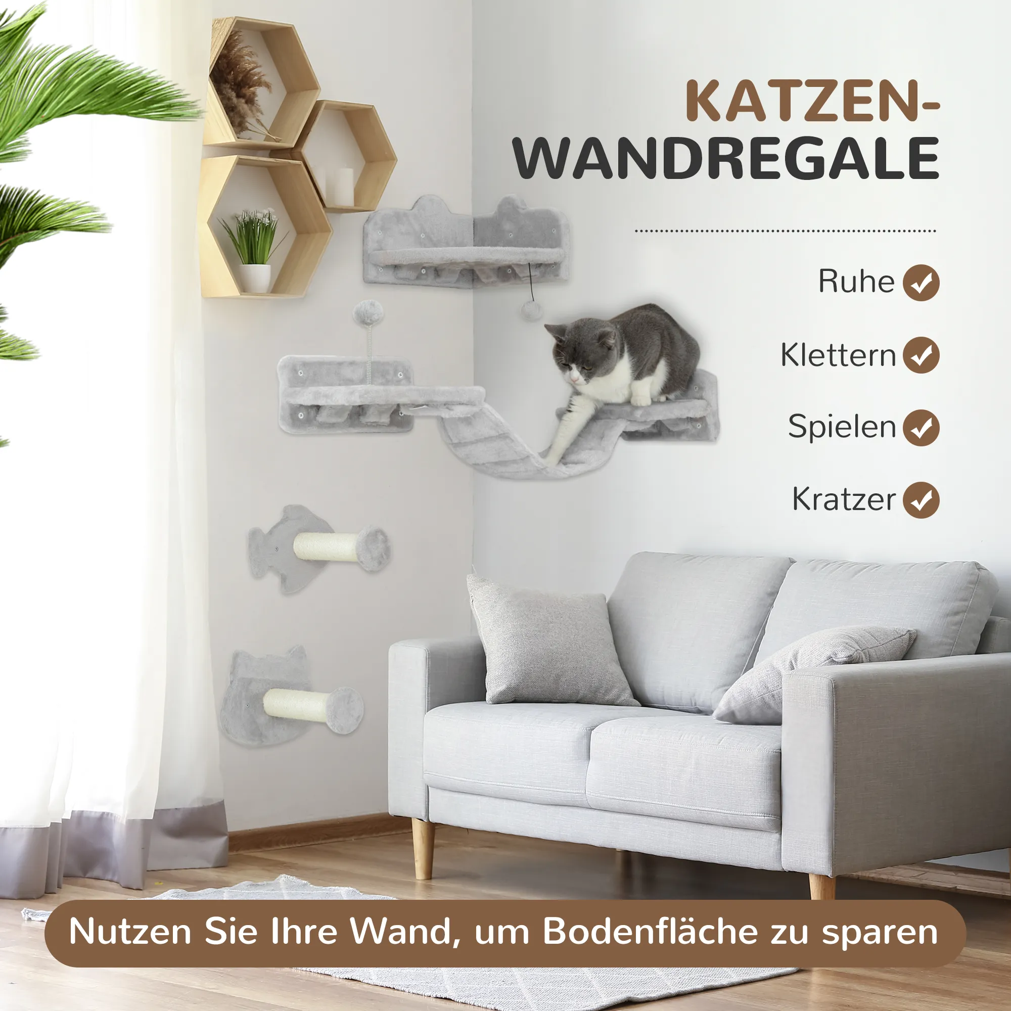 TRUUSK Katten Klimmuur Set – 4-delig Kattenmeubilair – Treden, Ladder, Springtorens – Krabpalen, Speelbal – Sisal – Voor Katten - Afbeelding 5
