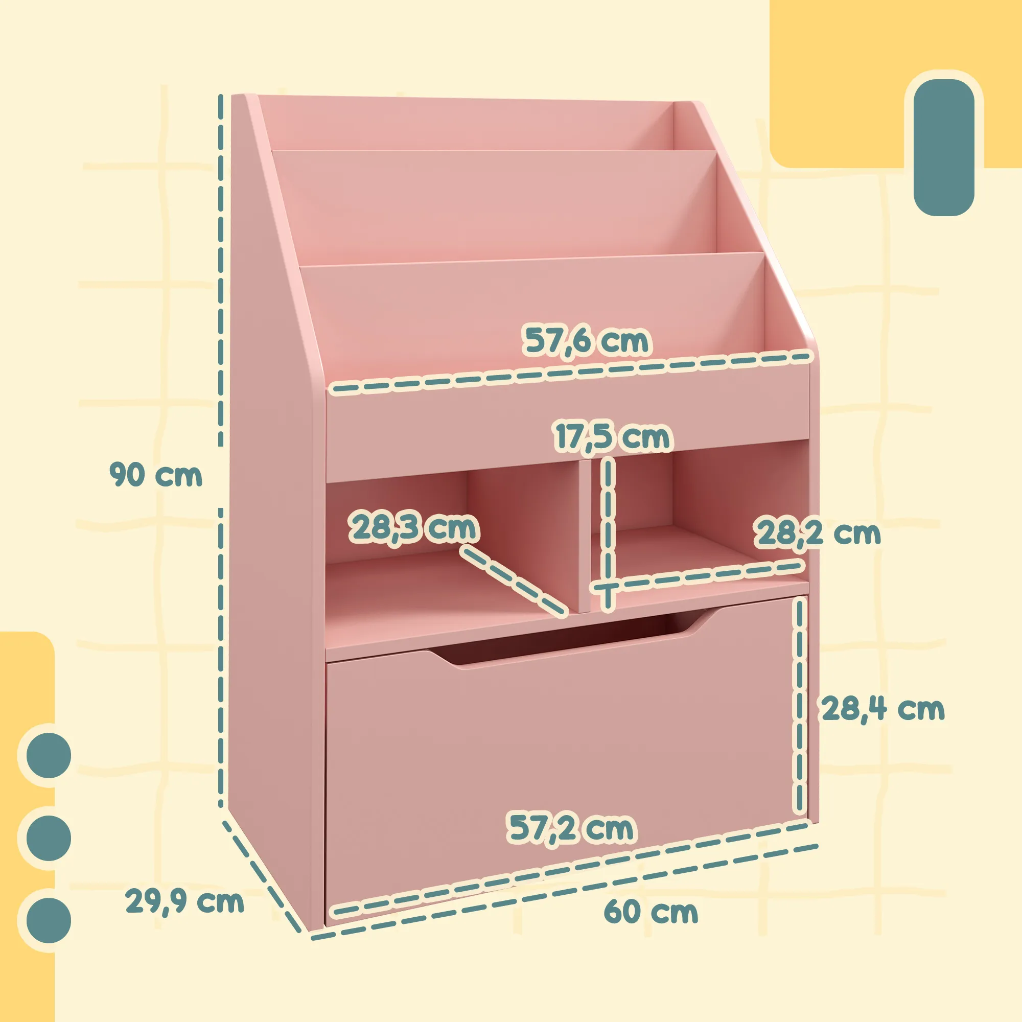 TRUUSK Kinder Boekenkast Met Lade – 3 Opbergvakken – 2 Open Vakken – Roze – 60 x 29,9 x 90 cm – Voor Kinderkamer en Speelkamer - Afbeelding 4