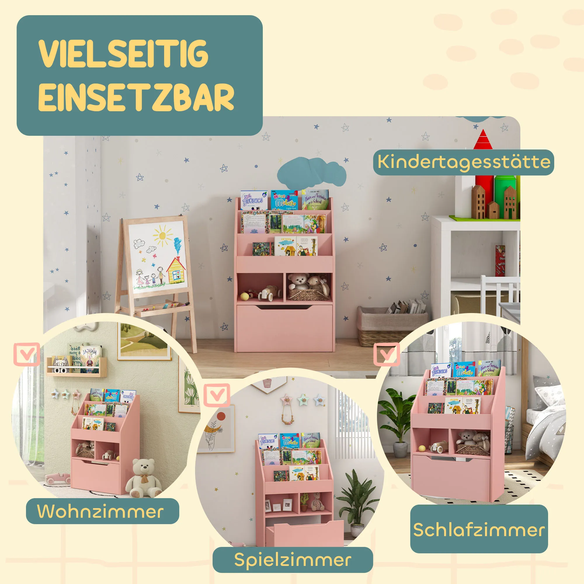 TRUUSK Kinder Boekenkast Met Lade – 3 Opbergvakken – 2 Open Vakken – Roze – 60 x 29,9 x 90 cm – Voor Kinderkamer en Speelkamer - Afbeelding 8