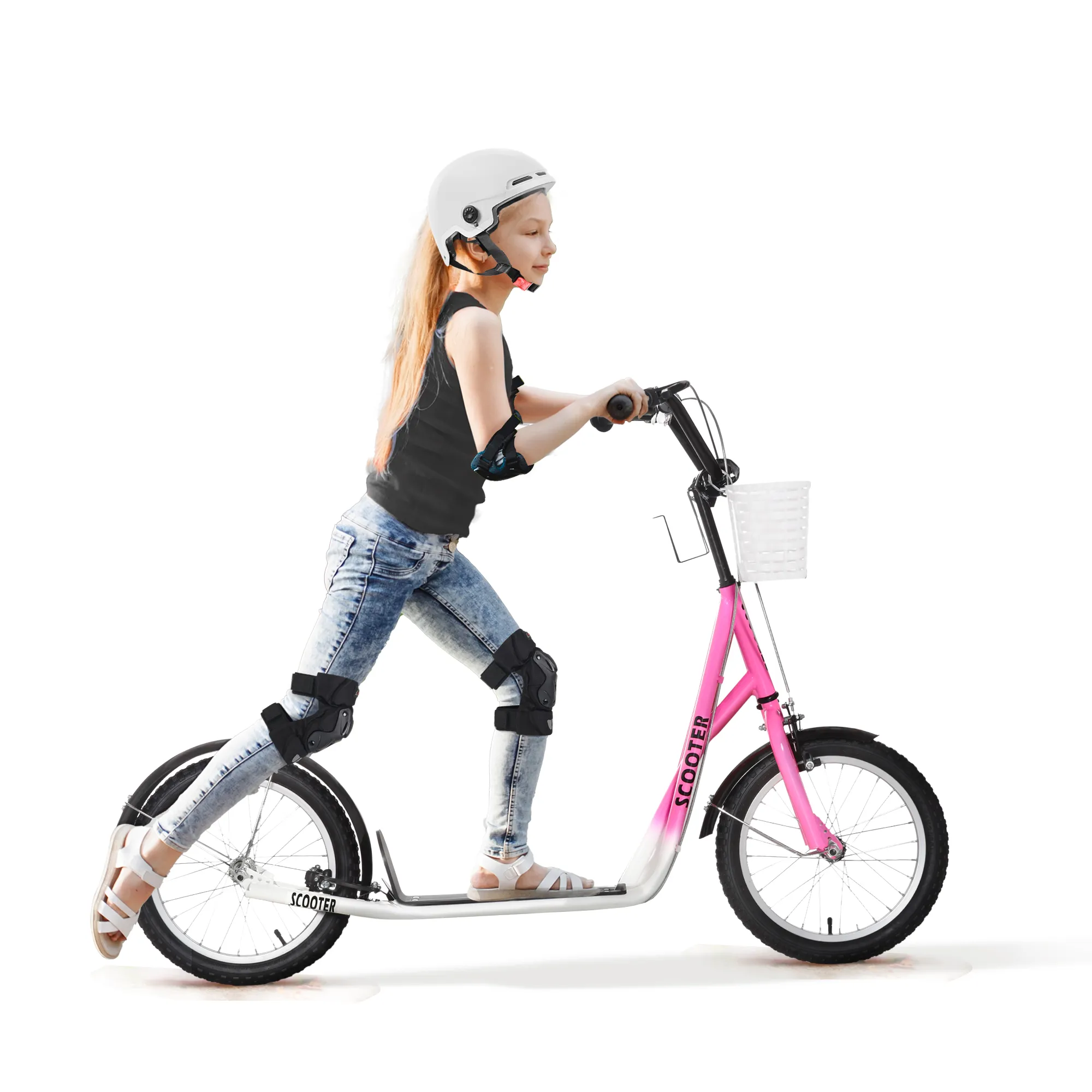 Kinderstep Scooter Met Rem, Mand, Verstelbare Hoogte Voor Kinderen Van 5-12, Step, Kickboard, Aluminiumlegering, Rubber, Roze+Wit - Afbeelding 2
