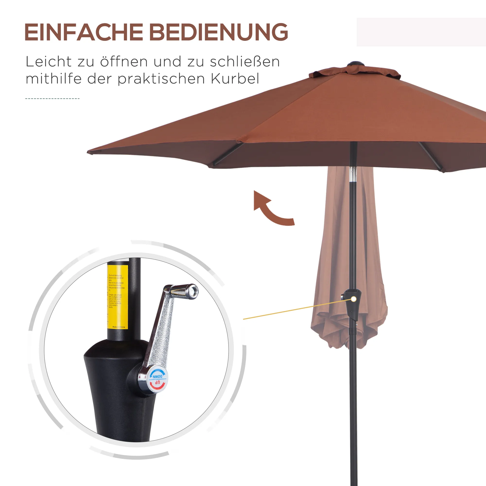 Knielende Parasol Met Handslinger 2,7 M Diameter Alu & 180g/m² Polyester In Bruin, Ideaal Voor Tuin & Terras - Afbeelding 5