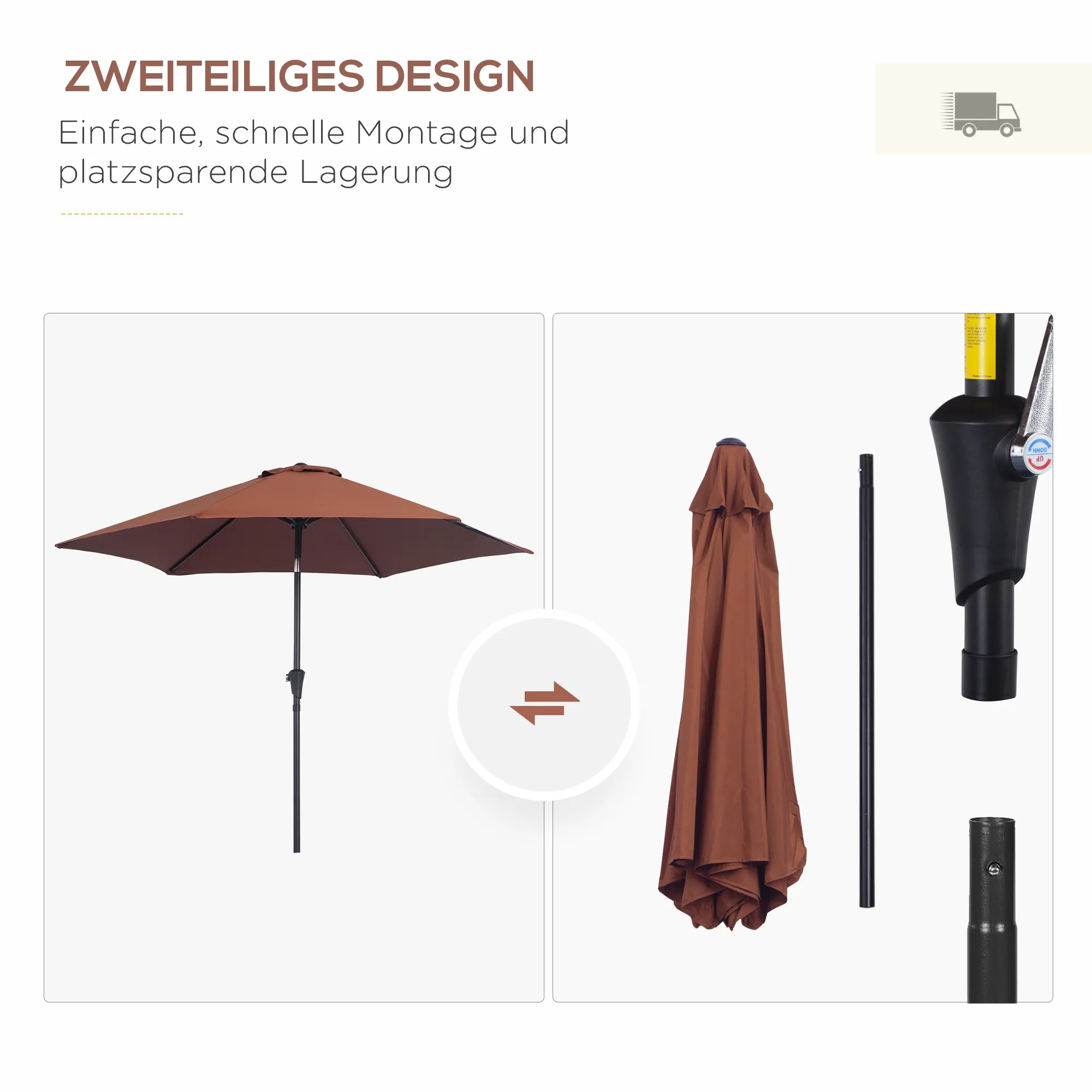 Knielende Parasol Met Handslinger 2,7 M Diameter Alu & 180g/m² Polyester In Bruin, Ideaal Voor Tuin & Terras - Afbeelding 8