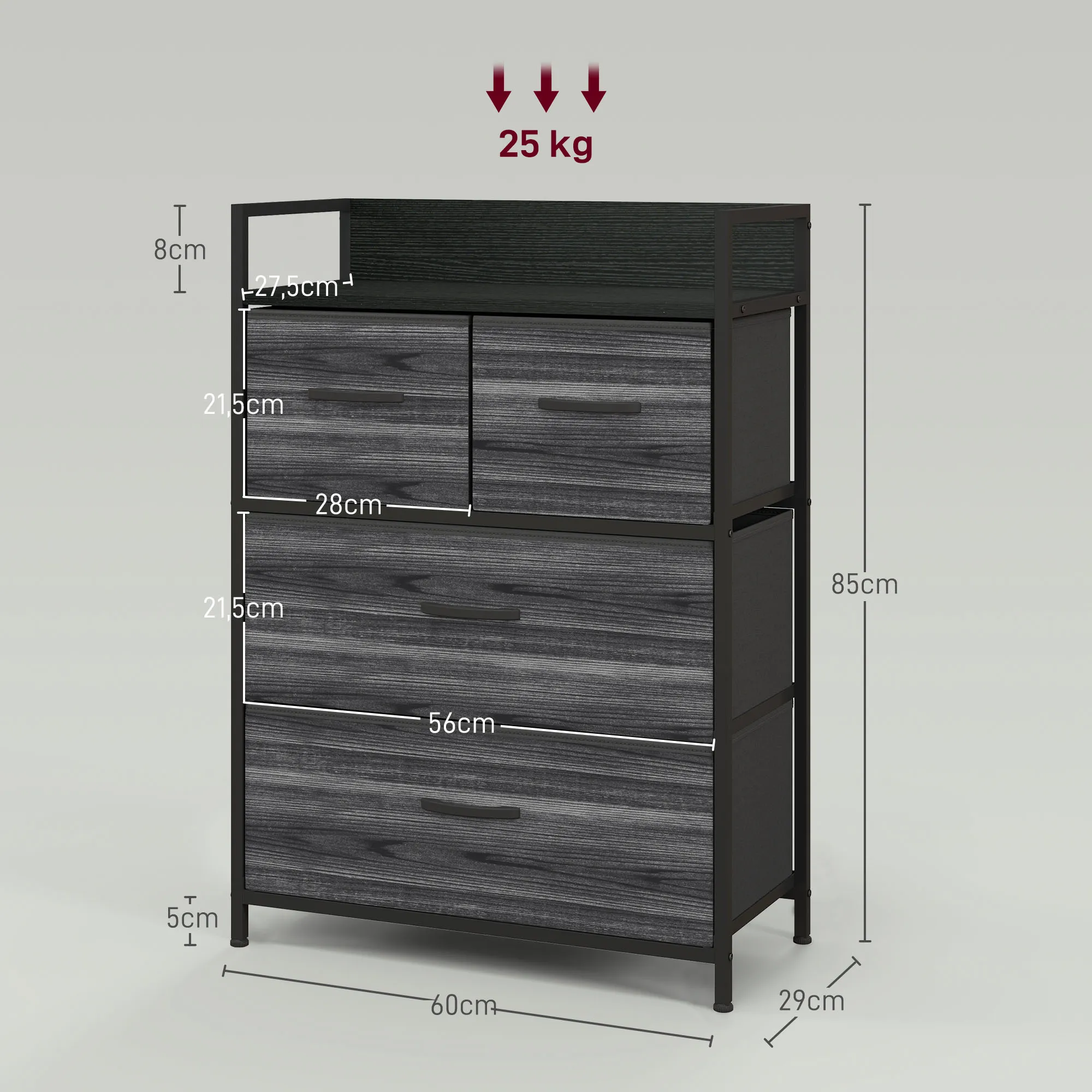 Kommode, Sideboard, 4 Stofflades, Industrieel Ontwerp, 60x29x85cm, Zwart - Afbeelding 4