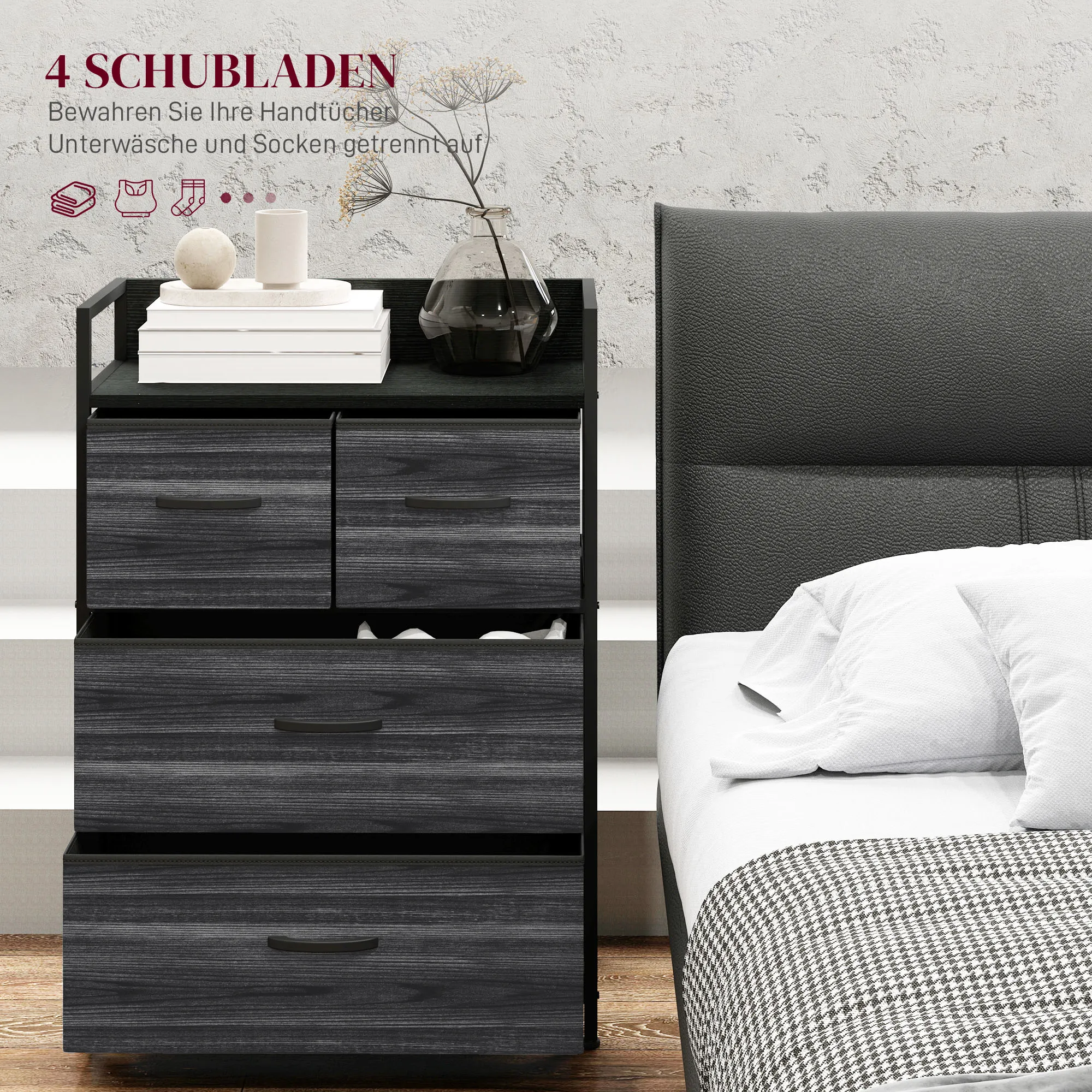 Kommode, Sideboard, 4 Stofflades, Industrieel Ontwerp, 60x29x85cm, Zwart - Afbeelding 5