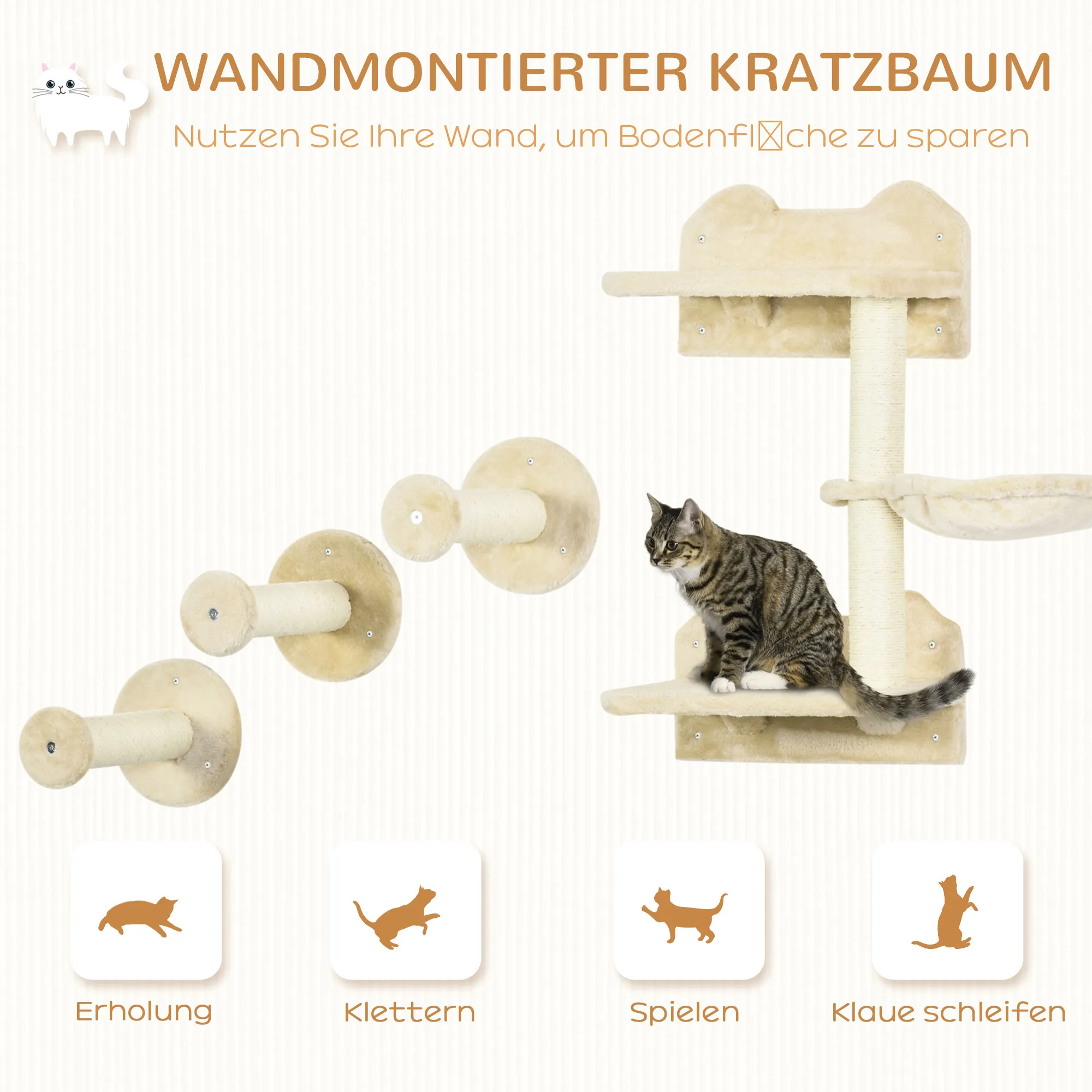 TRUUSK Krabpaal met 3 Krabpalen, Klimmuur en Hangmat – Beige Crèmewit – Geschikt voor Katten – Ideale Speelplek - Afbeelding 5