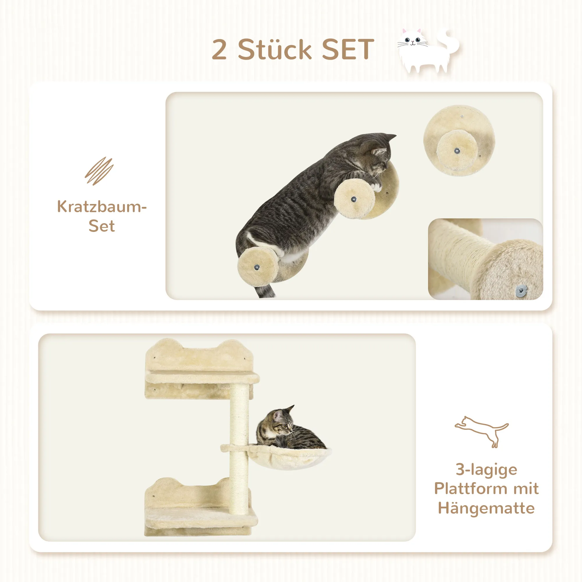 TRUUSK Krabpaal met 3 Krabpalen, Klimmuur en Hangmat – Beige Crèmewit – Geschikt voor Katten – Ideale Speelplek - Afbeelding 6
