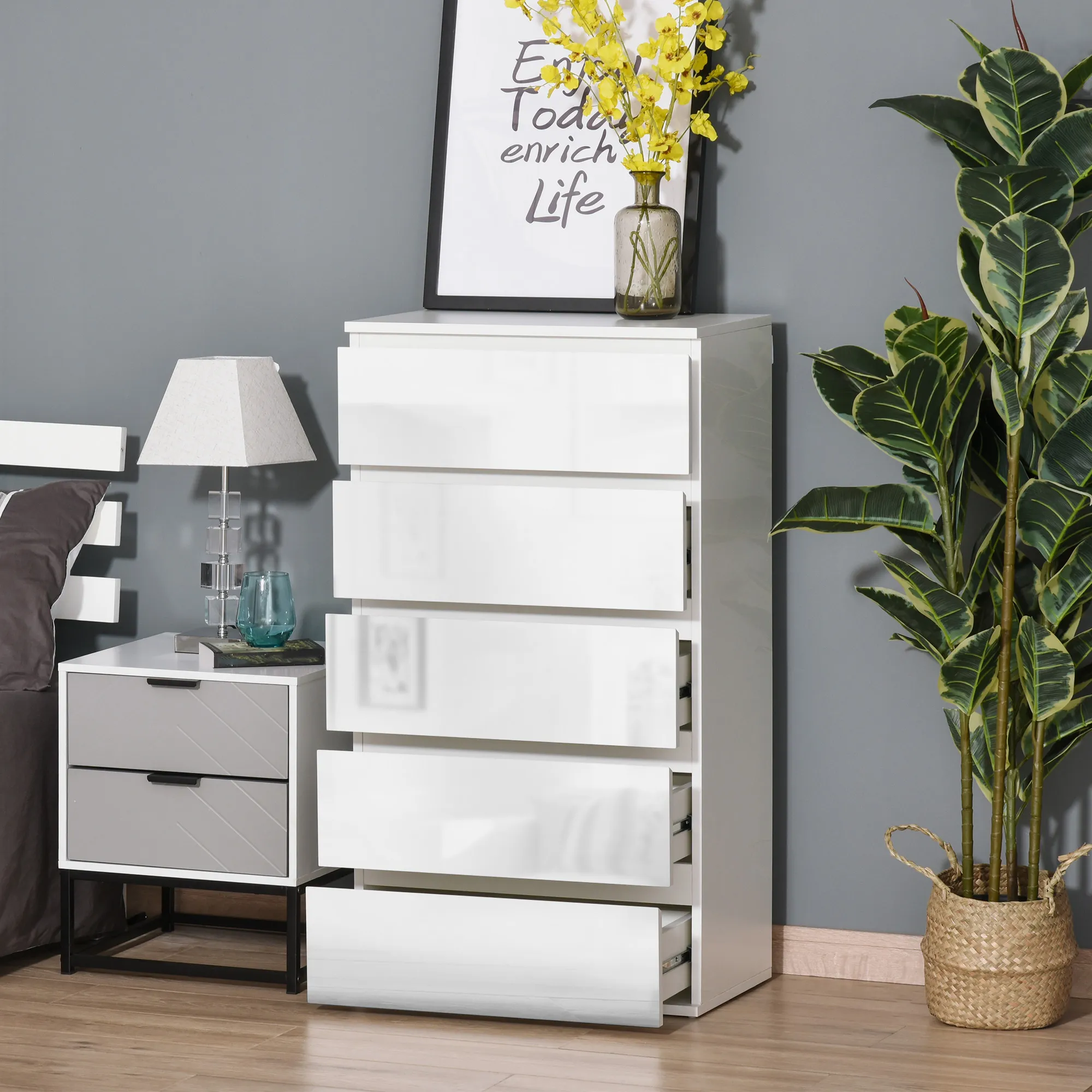 TRUUSK Ladekast Sideboard met 5 lades – Kantoorkast met kantelbeveiliging – Voor woonkamer en slaapkamer – Wit – 55 x 34 x 100 cm - Afbeelding 3