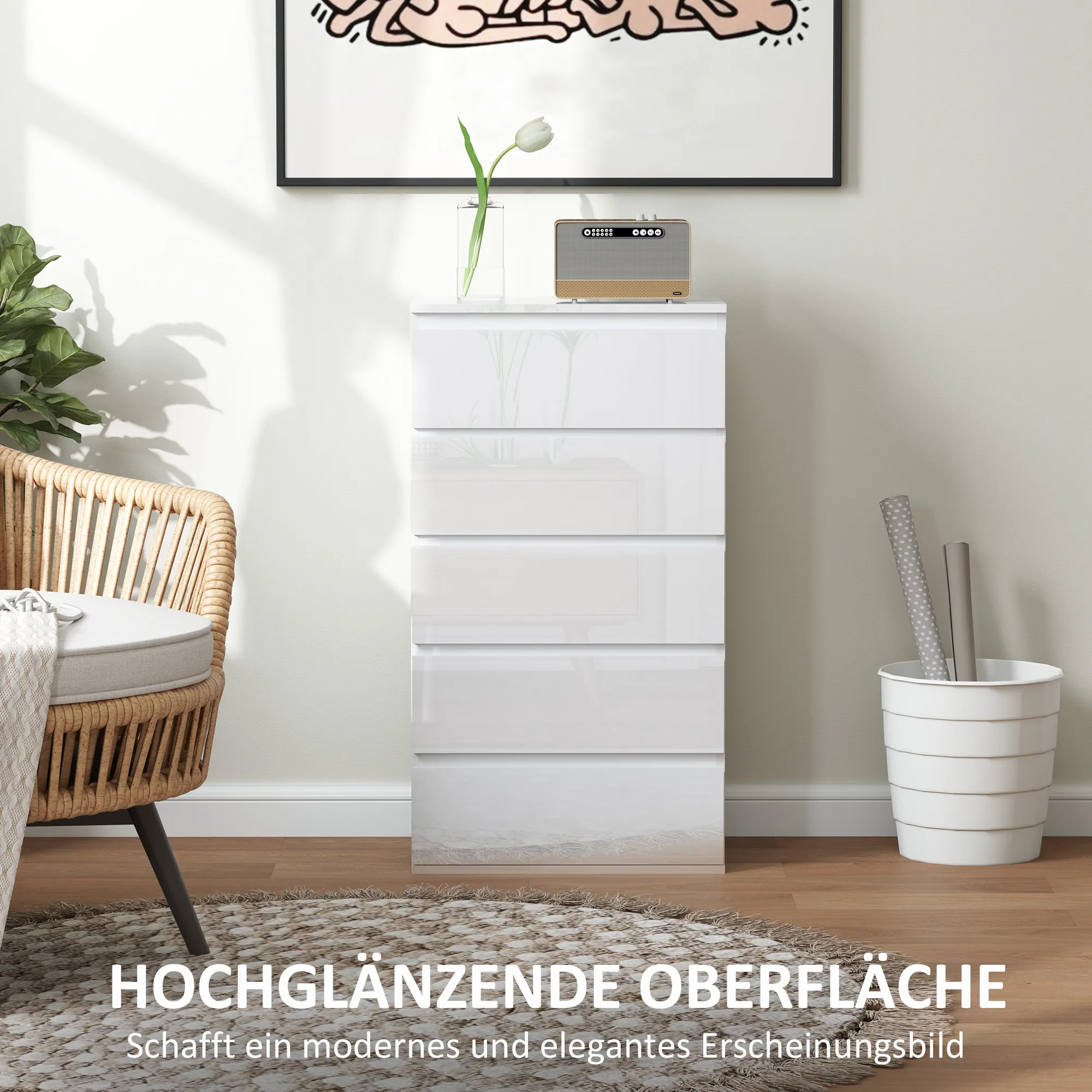 TRUUSK Ladekast Sideboard met 5 lades – Kantoorkast met kantelbeveiliging – Voor woonkamer en slaapkamer – Wit – 55 x 34 x 100 cm - Afbeelding 6