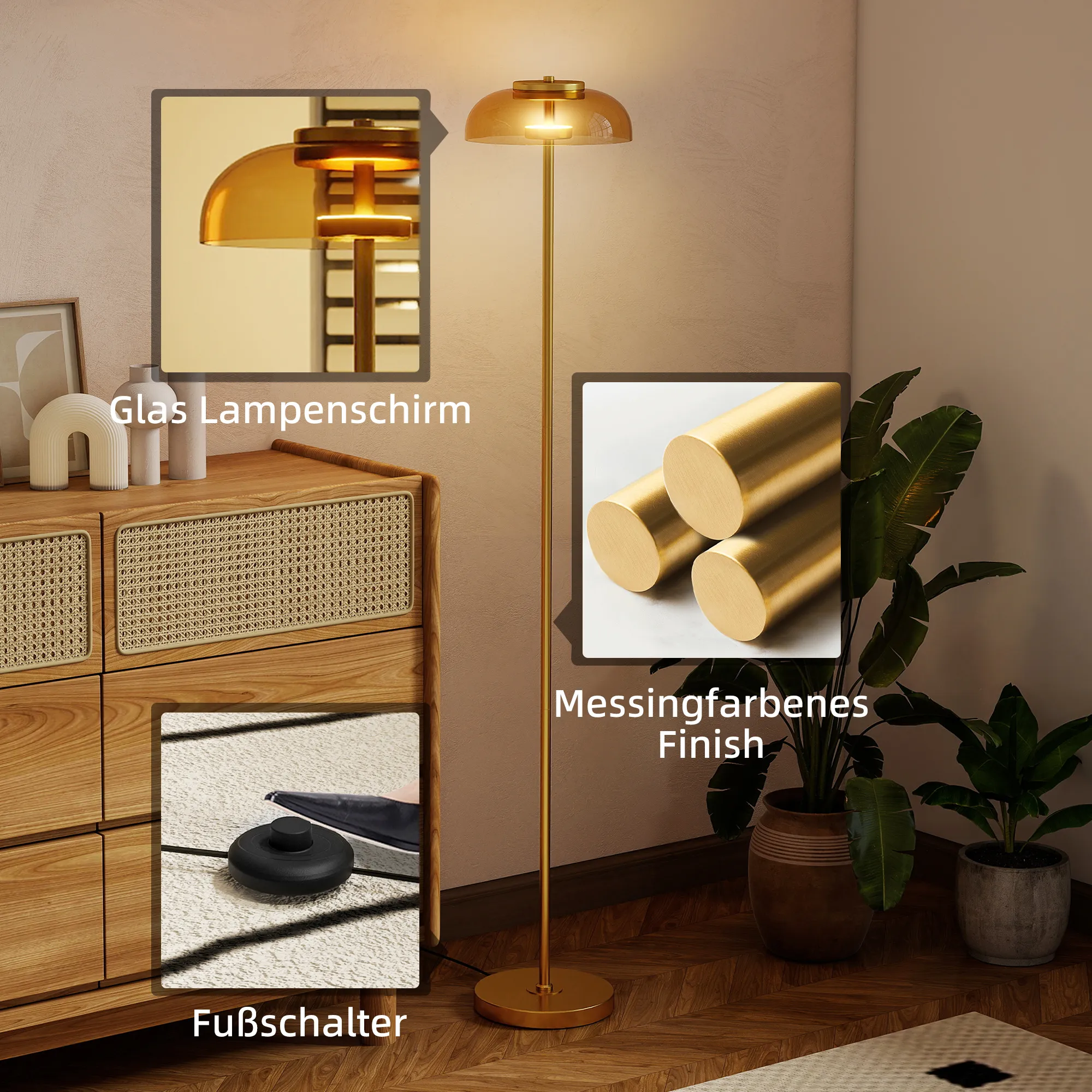 TRUUSK LED Staande Lamp Woonkamer – 3000 K Warm Licht – Voetschakelaar – 25 x 25 x 134 cm – Messing - Afbeelding 6