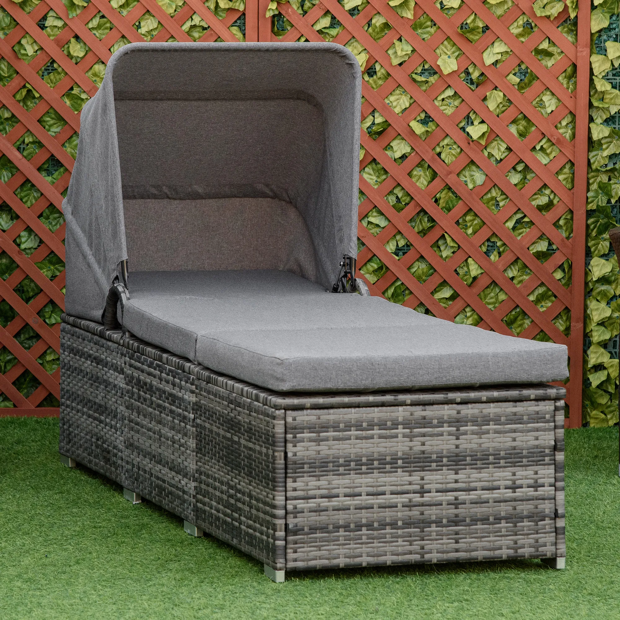 Ligstoel Van Polyrattan Met Verstelbaar Zonnedak, Tuinligstoel Van Rattan Met Kussen, Grijs, 195x65x40cm Voor Ontspannen Uren In De Tuin - Afbeelding 3