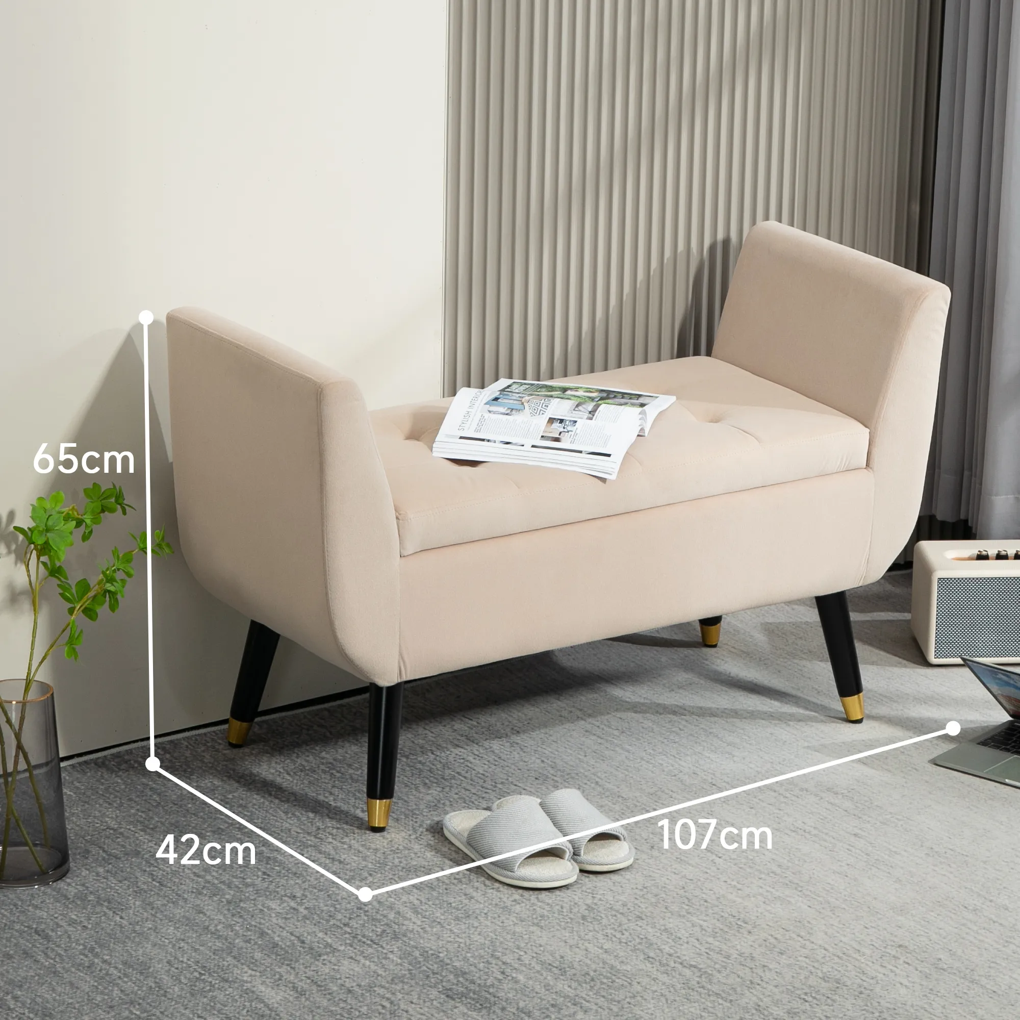 TRUUSK Luxe Gestoffeerde Zitbank met Opbergruimte – Armleuningen – Fluweelachtig Polyester – Rubberhout – Beige – 107 x 42 x 65 cm - Afbeelding 4