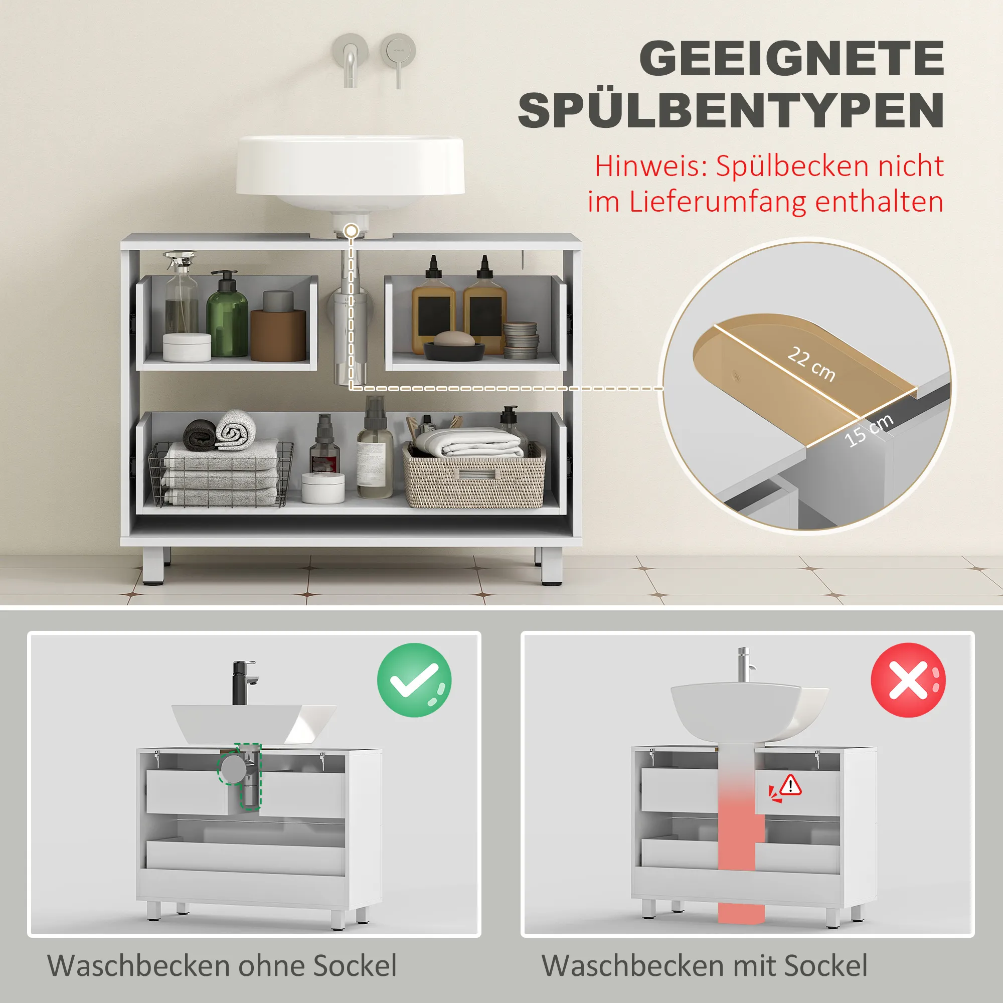 Modern Badkameronderkast Met 2 Lades, Vrijstaande Onderkast Voor Wastafel Zonder Sokkel, Wit - Afbeelding 5