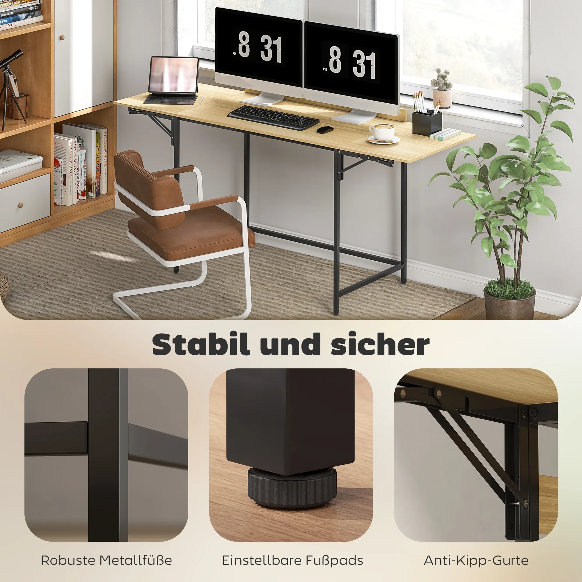 TRUUSK Opklapbare Computertafel – 2 Uitschuifbare Platen – Veel Ruimte voor Monitoren – Metalen Poten – Robuuste Constructie – - Afbeelding 7