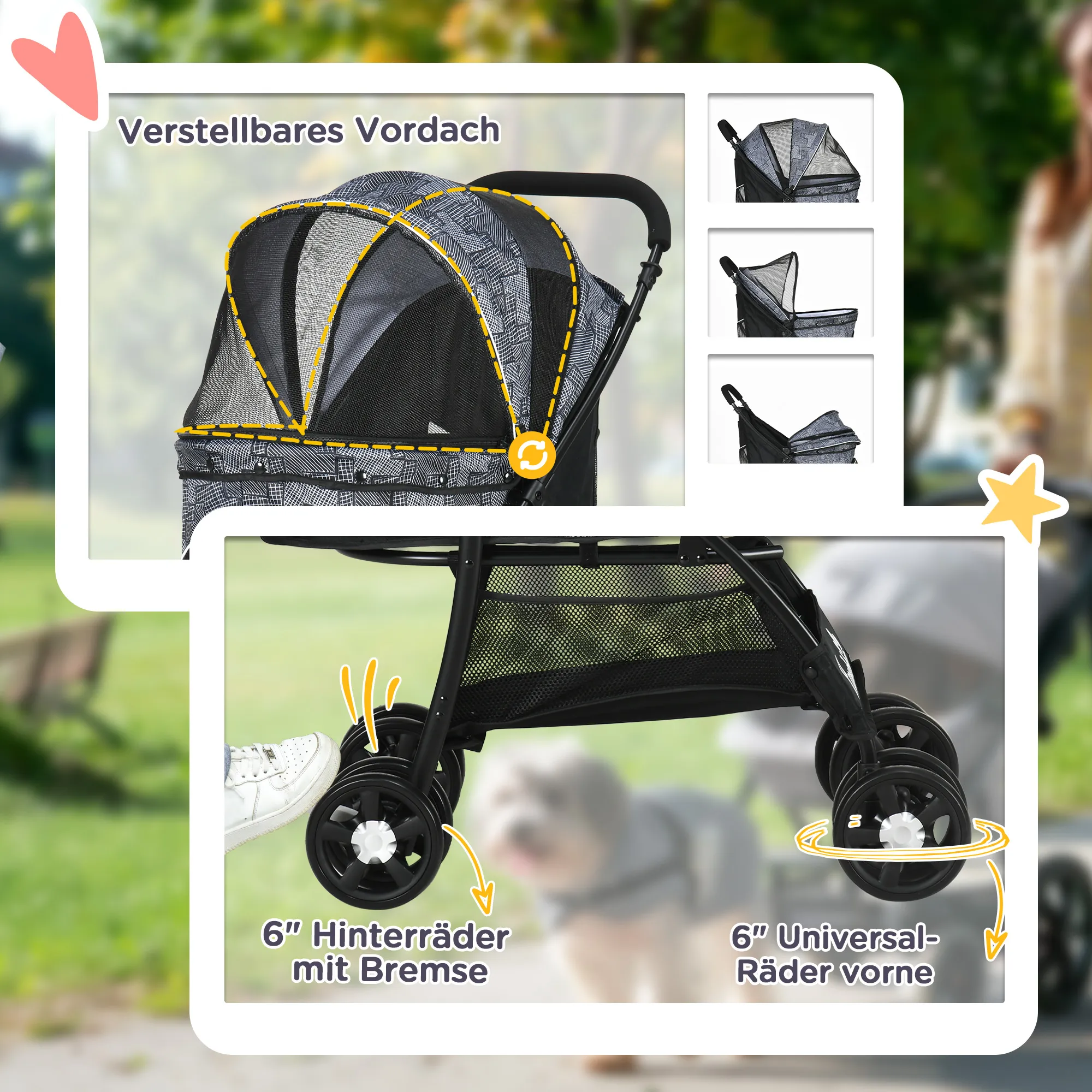 TRUUSK Opvouwbare Hondenbuggy – Kussen Inclusief – Netvenster – Opbergruimte – Oxfordstof – Voor Honden & Katten – Grijs Zwart – - Afbeelding 7