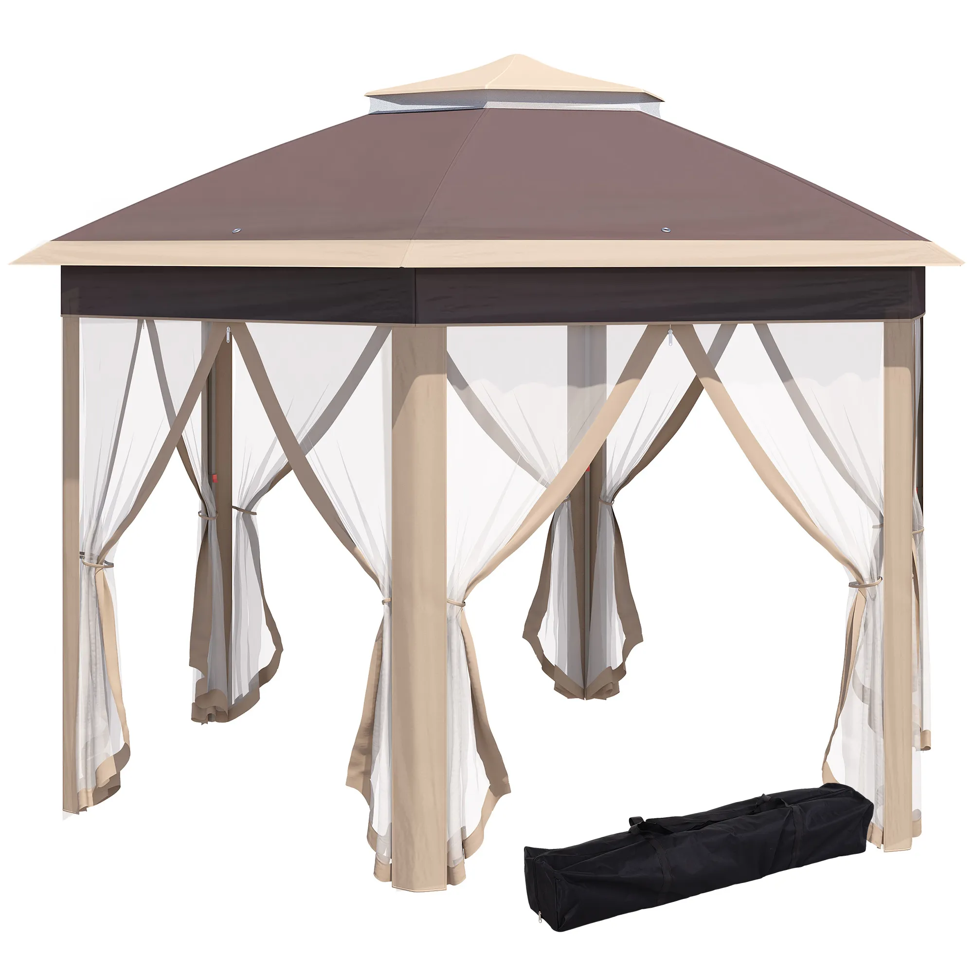 Paviljoen Zeshoekig 4x4m Met Water- En UV-bestendige Hoes, Dubbel Dak, Ventilatieopening, Draagtas, Polyester Beige En Khaki