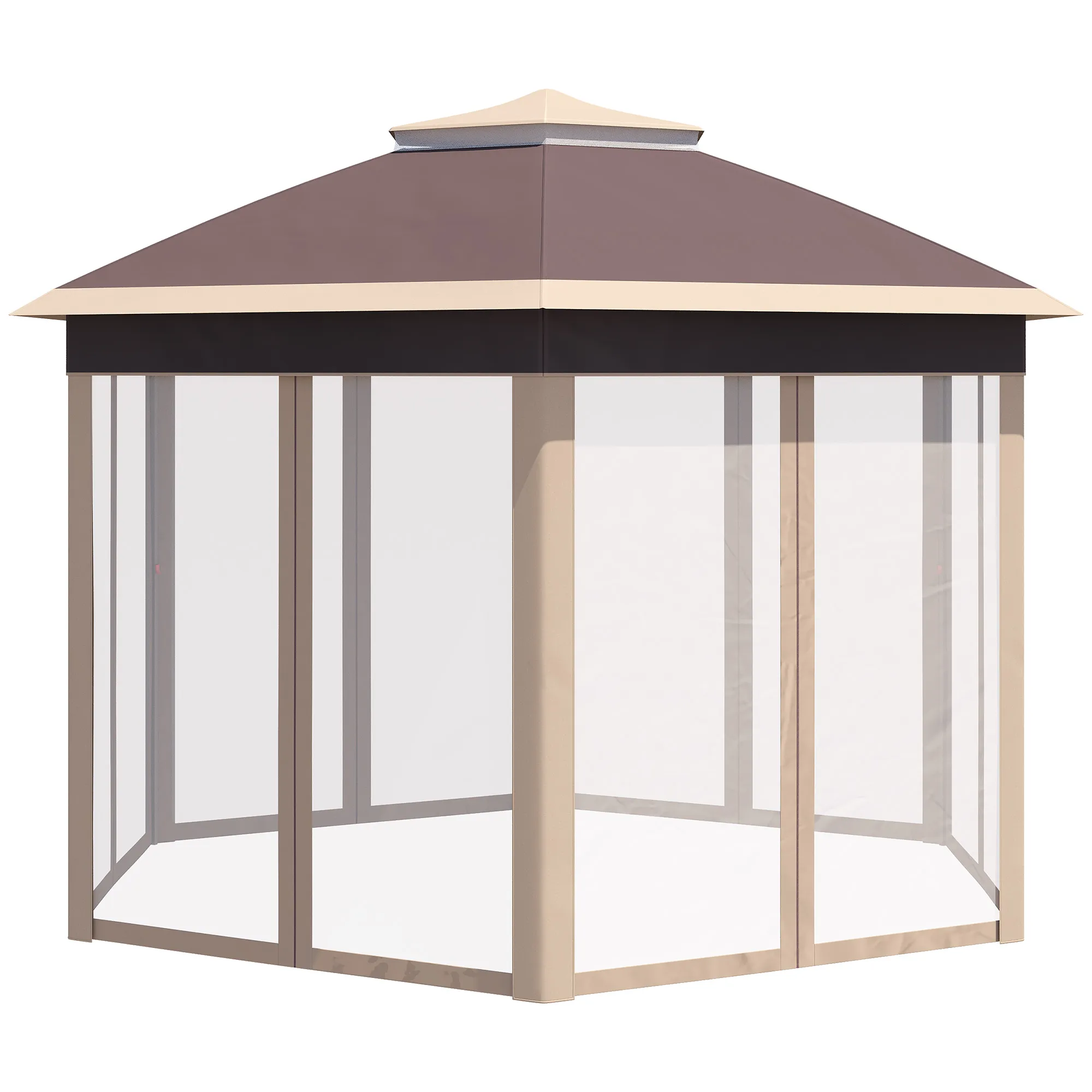 Paviljoen Zeshoekig 4x4m Met Water- En UV-bestendige Hoes, Dubbel Dak, Ventilatieopening, Draagtas, Polyester Beige En Khaki - Afbeelding 8