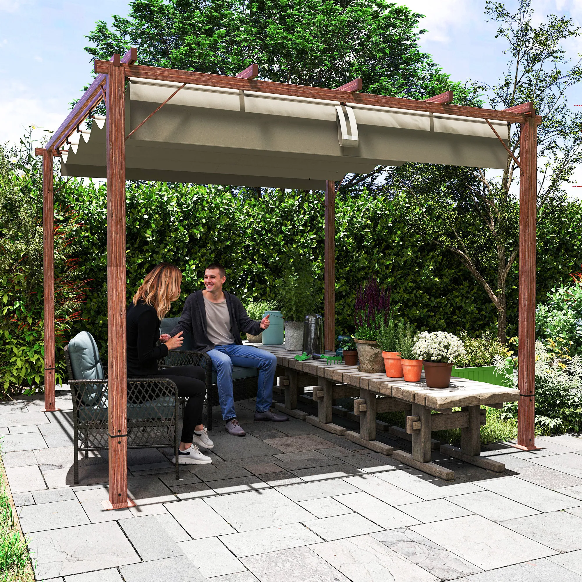 TRUUSK Tuinpaviljoen Pergola 3x3m – Aluminium Terrasoverkapping – Verstelbaar Dak – Vrijstaand – UV-bescherming 30+ – Natuurhout - Afbeelding 8