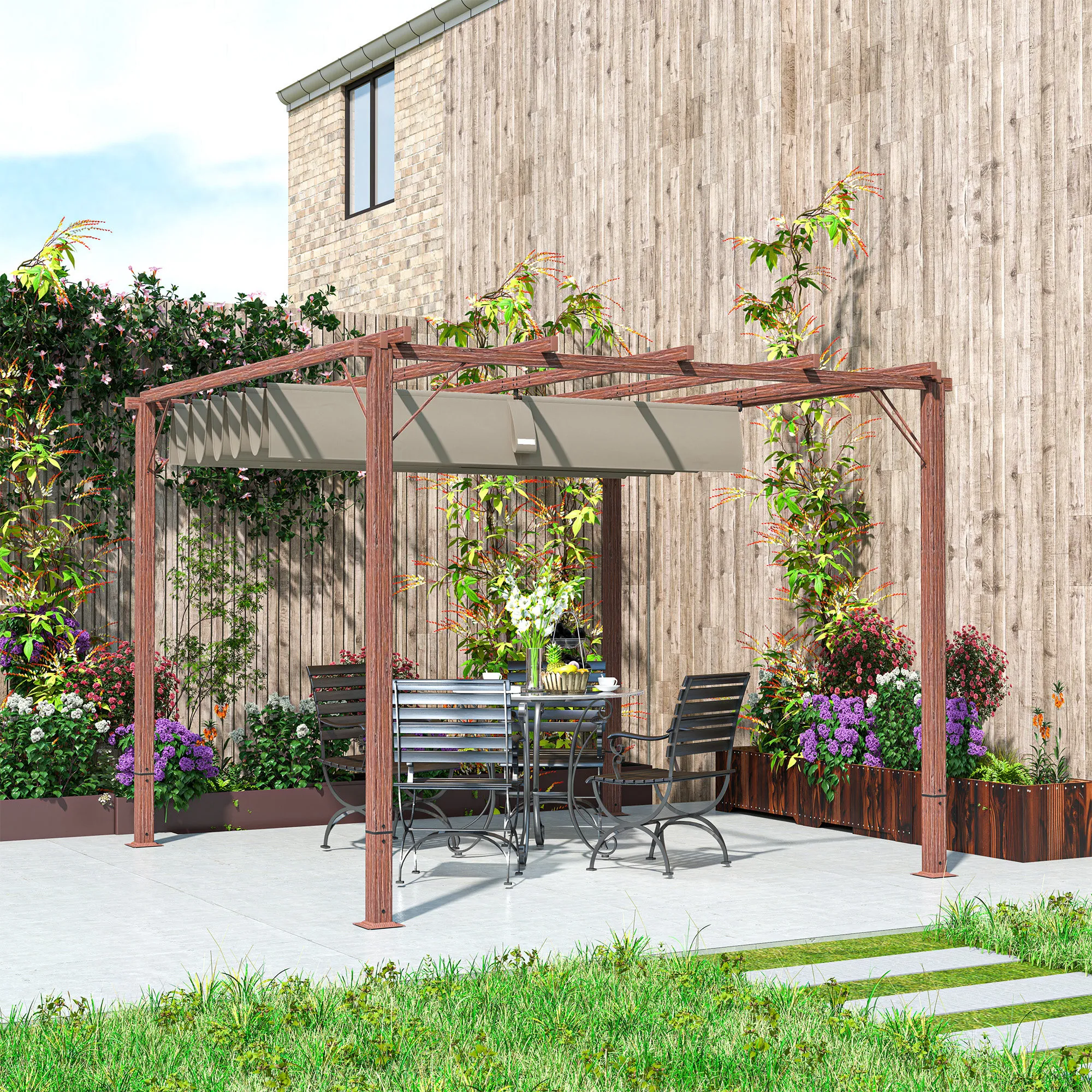 TRUUSK Tuinpaviljoen Pergola 3x3m – Aluminium Terrasoverkapping – Verstelbaar Dak – Vrijstaand – UV-bescherming 30+ – Natuurhout - Afbeelding 9