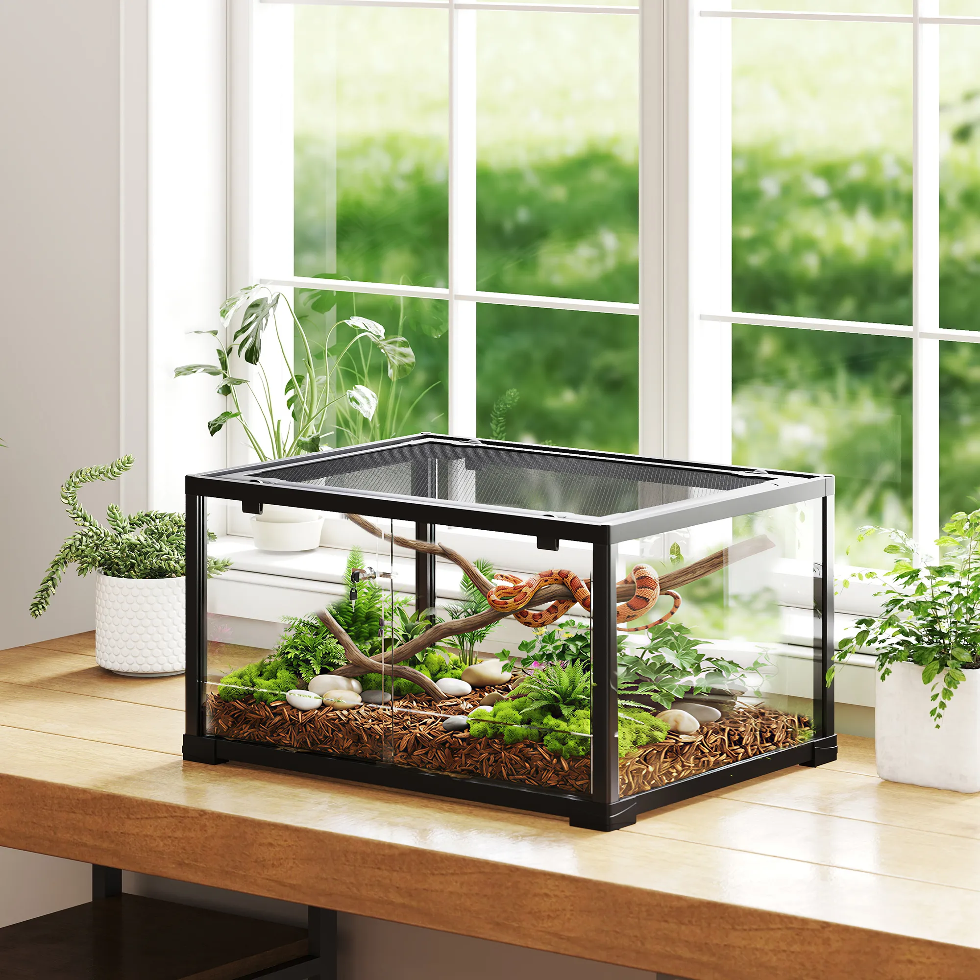 TRUUSK Reptielen Terrarium 86 Liter – Met Schuifdeur en Afsluitbaar – Voor Hagedissen en Insecten – 60 x 45 x 32 cm – Zwart - Afbeelding 3
