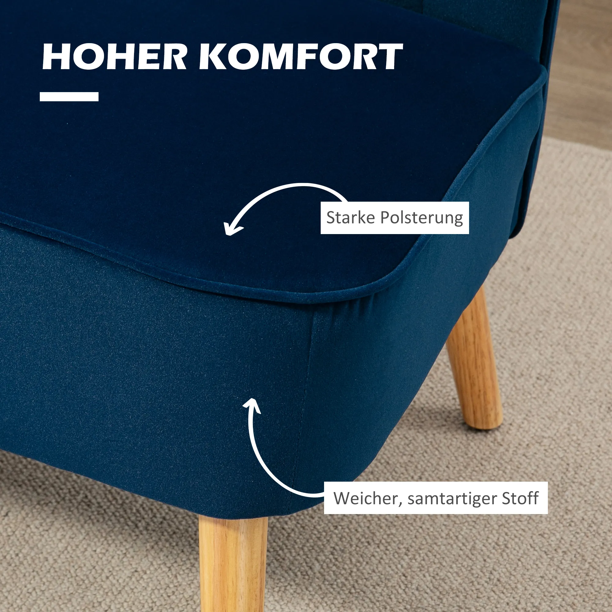 Retrodesign 2-zitsbank, Houten Poten, 117 Cm X 56,5 Cm X 77 Cm, Blauw - Afbeelding 5