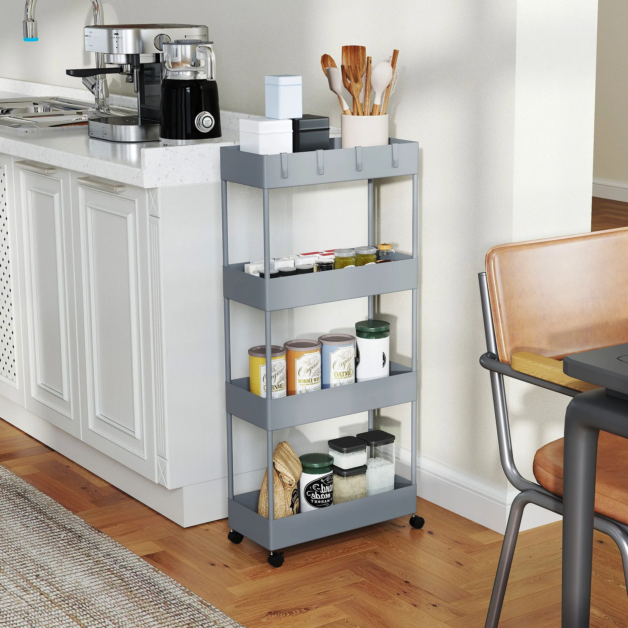 TRUUSK Rolwagen met 4 Niveaus – Opbergrek op Wielen met Remmen – Serveerwagen voor Keuken en Woonkamer – Grijs – 40 x 19 x 90 cm - Afbeelding 3